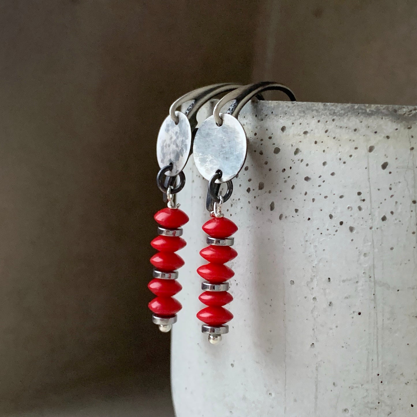 Silver earrings with rondelles of coral 'Red Coral'