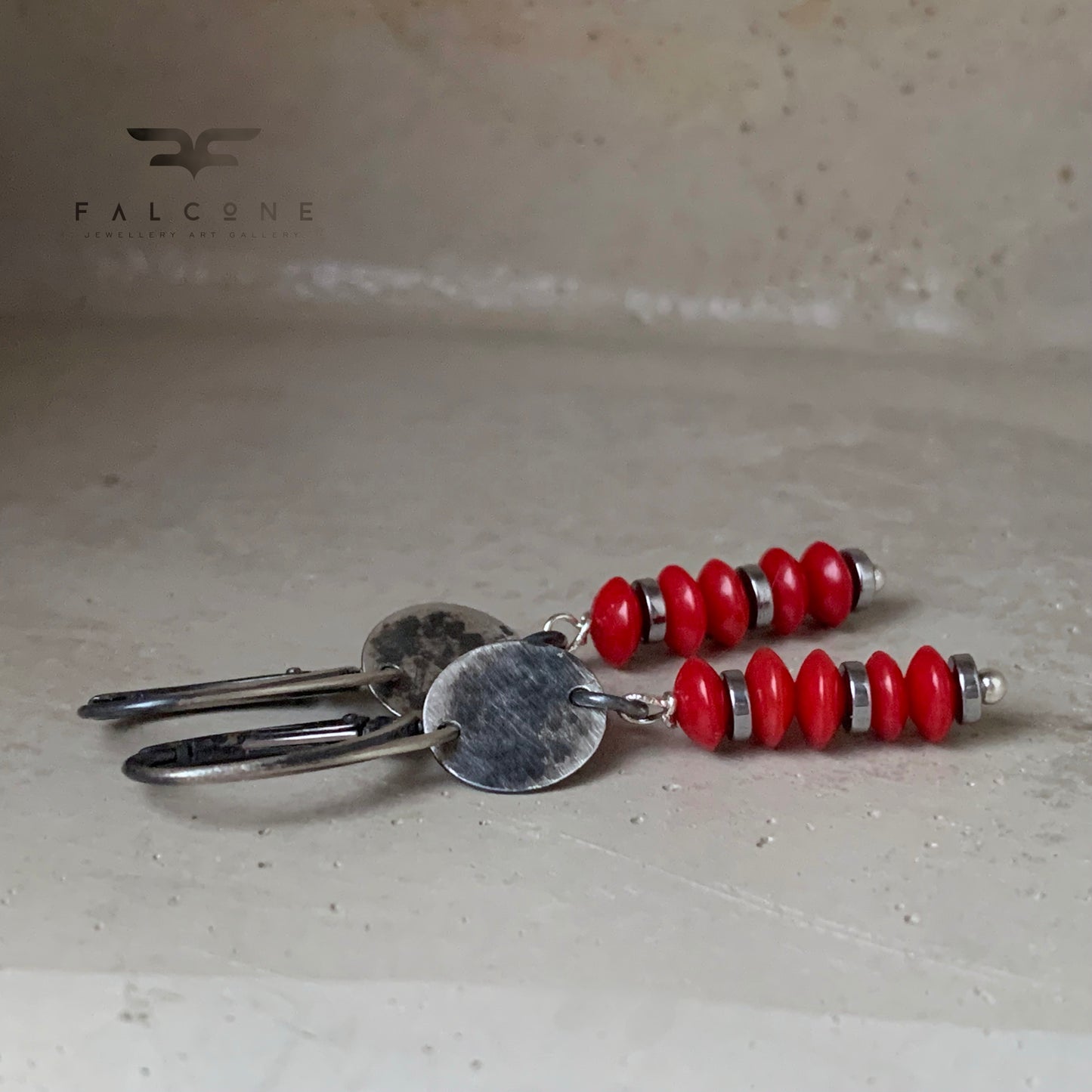 Silver earrings with rondelles of coral 'Red Coral'