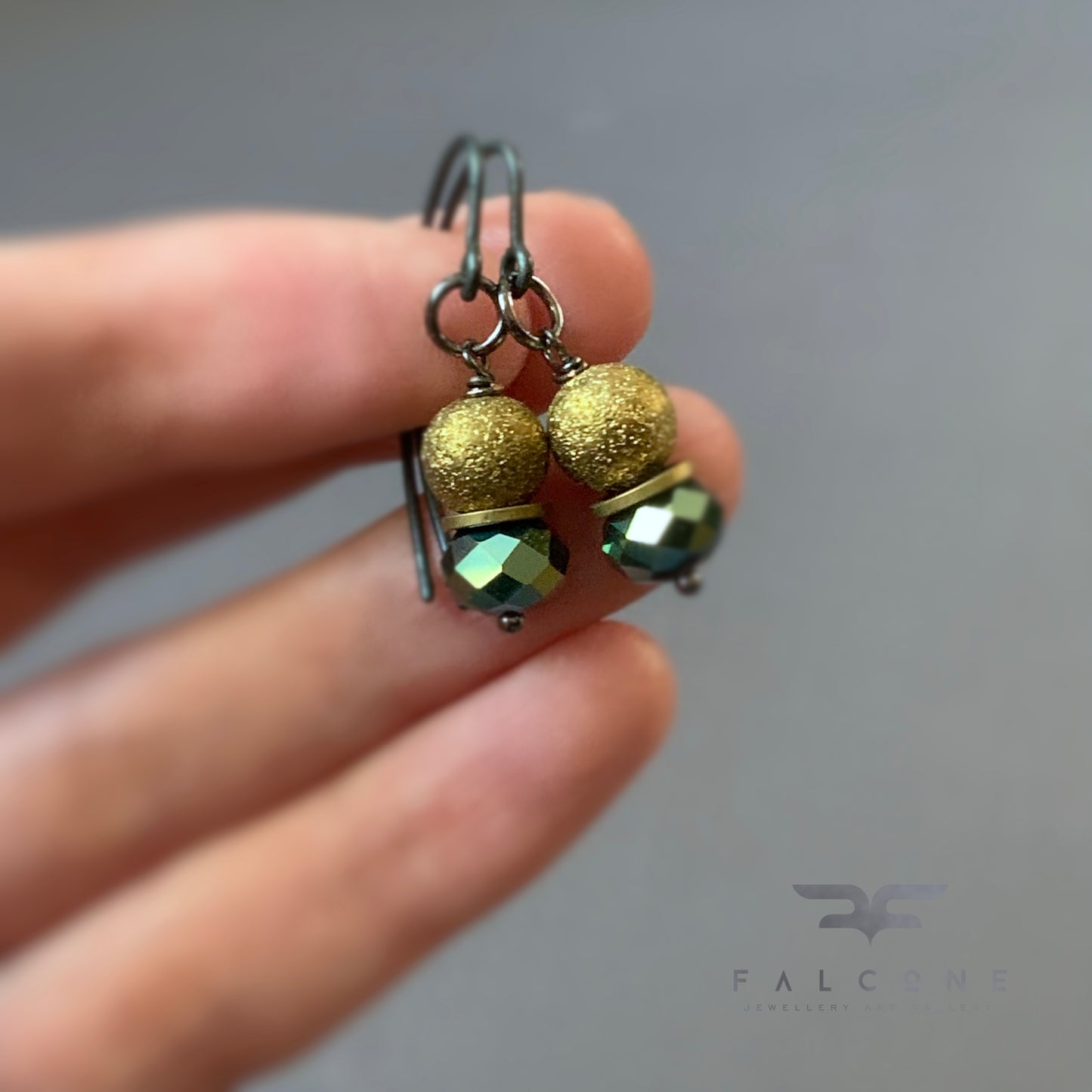 Brass, Glass and Silver Earrings 'Golden Shadow & Khaki Green'