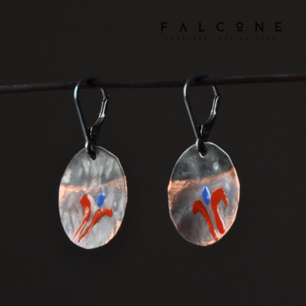 Earrings of silver and copper decorated with enamel 'Floral Impressions'