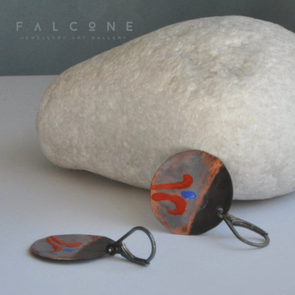 Earrings of silver and copper decorated with enamel 'Floral Impressions'