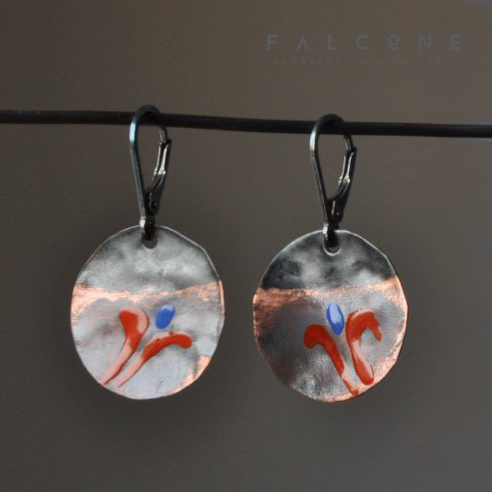 Earrings of silver and copper decorated with enamel 'Floral Impressions'