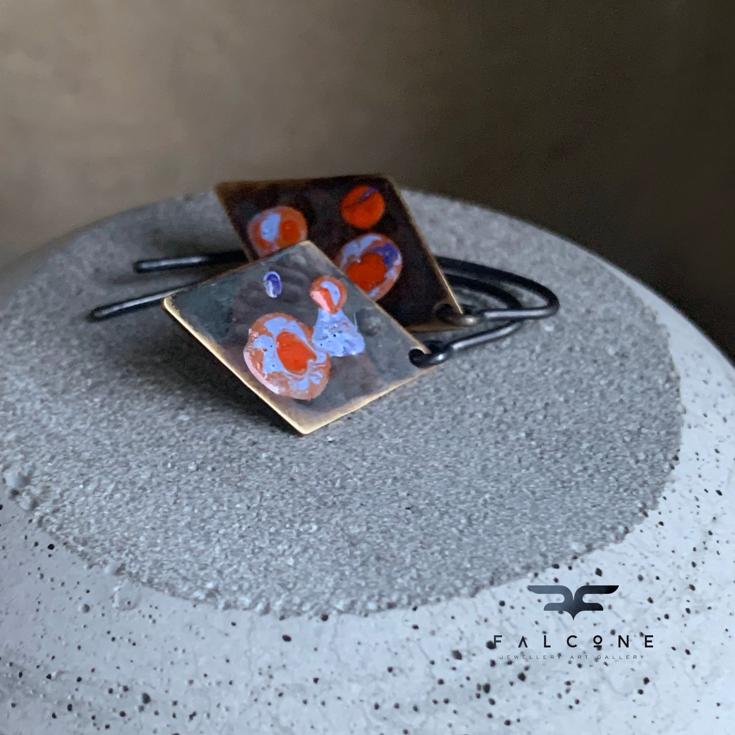 Enameled earrings in brass and silver 'Sea Creature with Coral Accent'