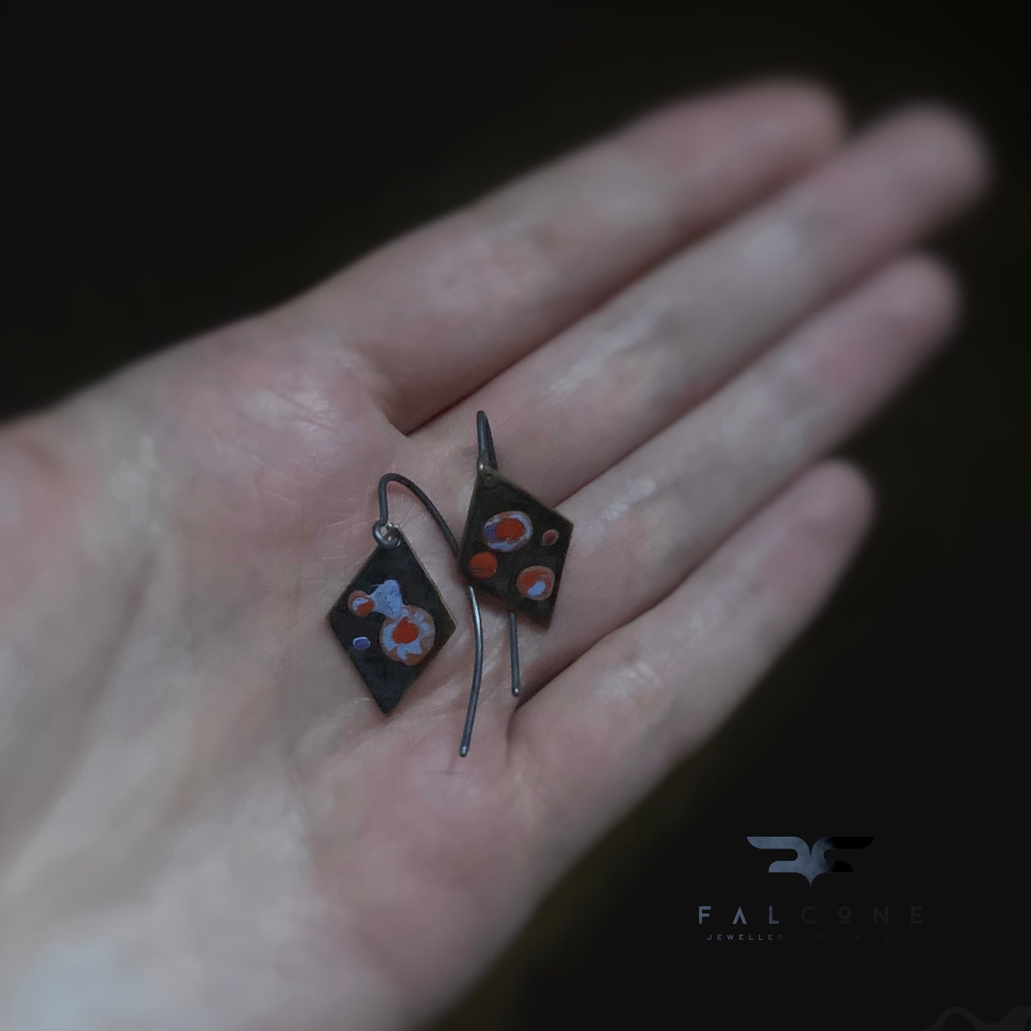 Enameled earrings in brass and silver 'Sea Creature with Coral Accent'