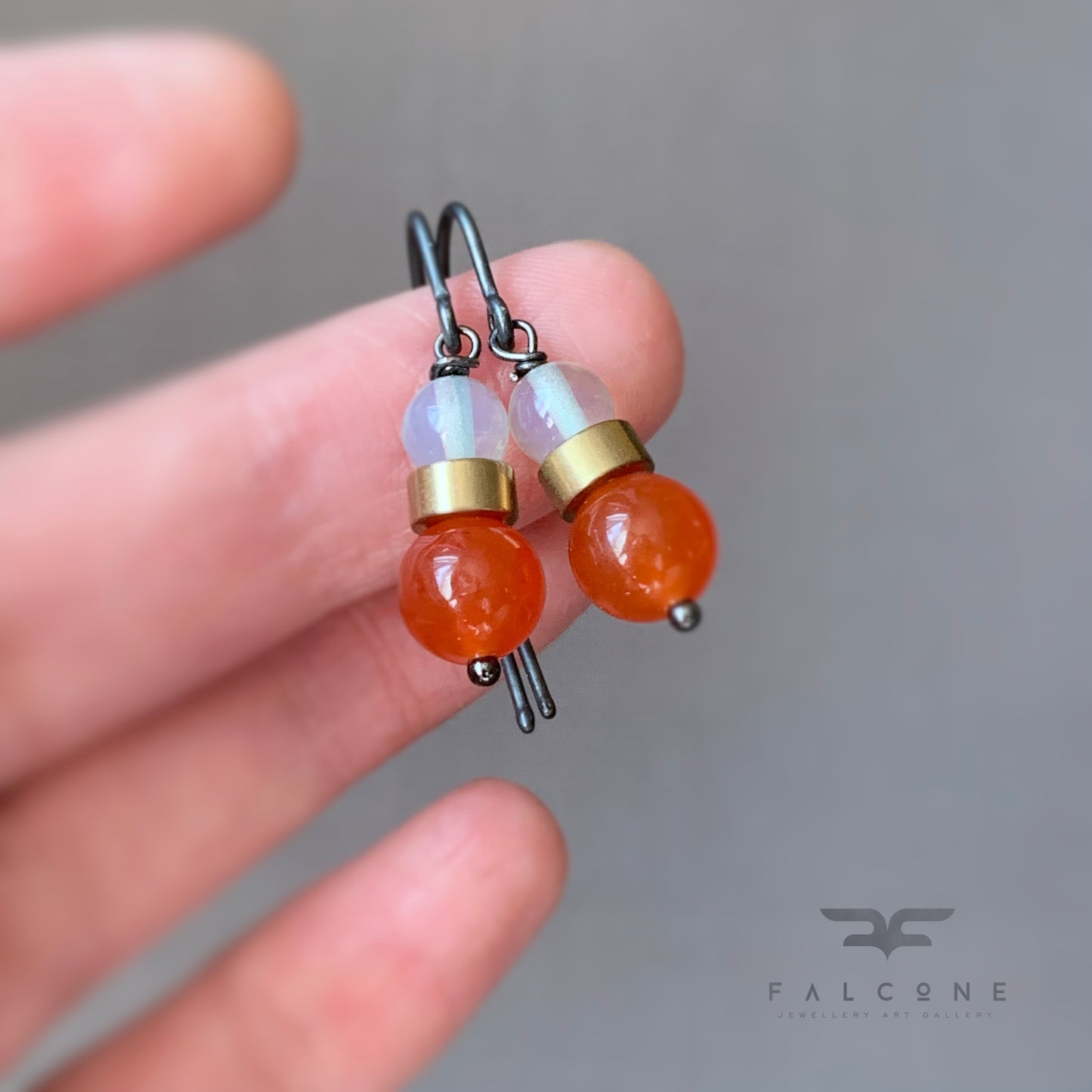 Gemstone, Brass and Silver Earrings 'Oniric & Orange'