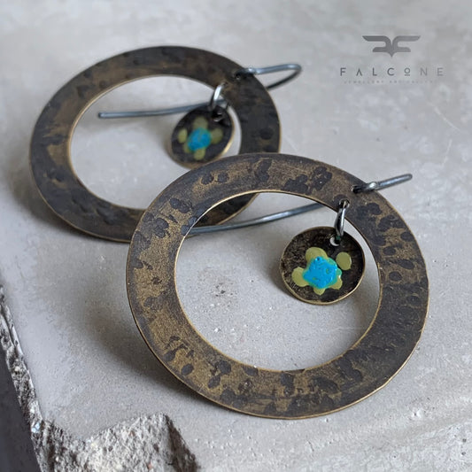 Brass and Sterling Silver Earrings ‘Secret Garden - Ochre & Turquoise’