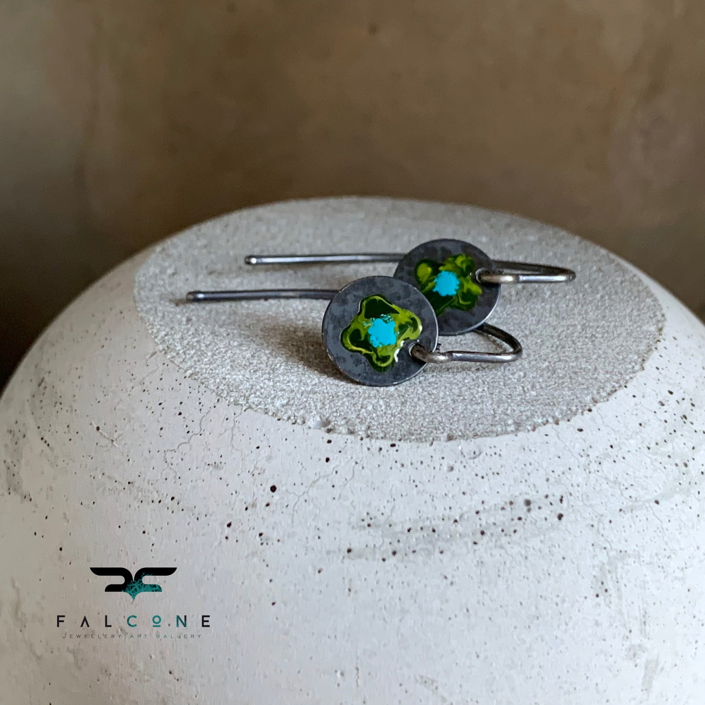 Fine silver earrings, hand-enameled 'Field Flowers - With Turquoise Accent'