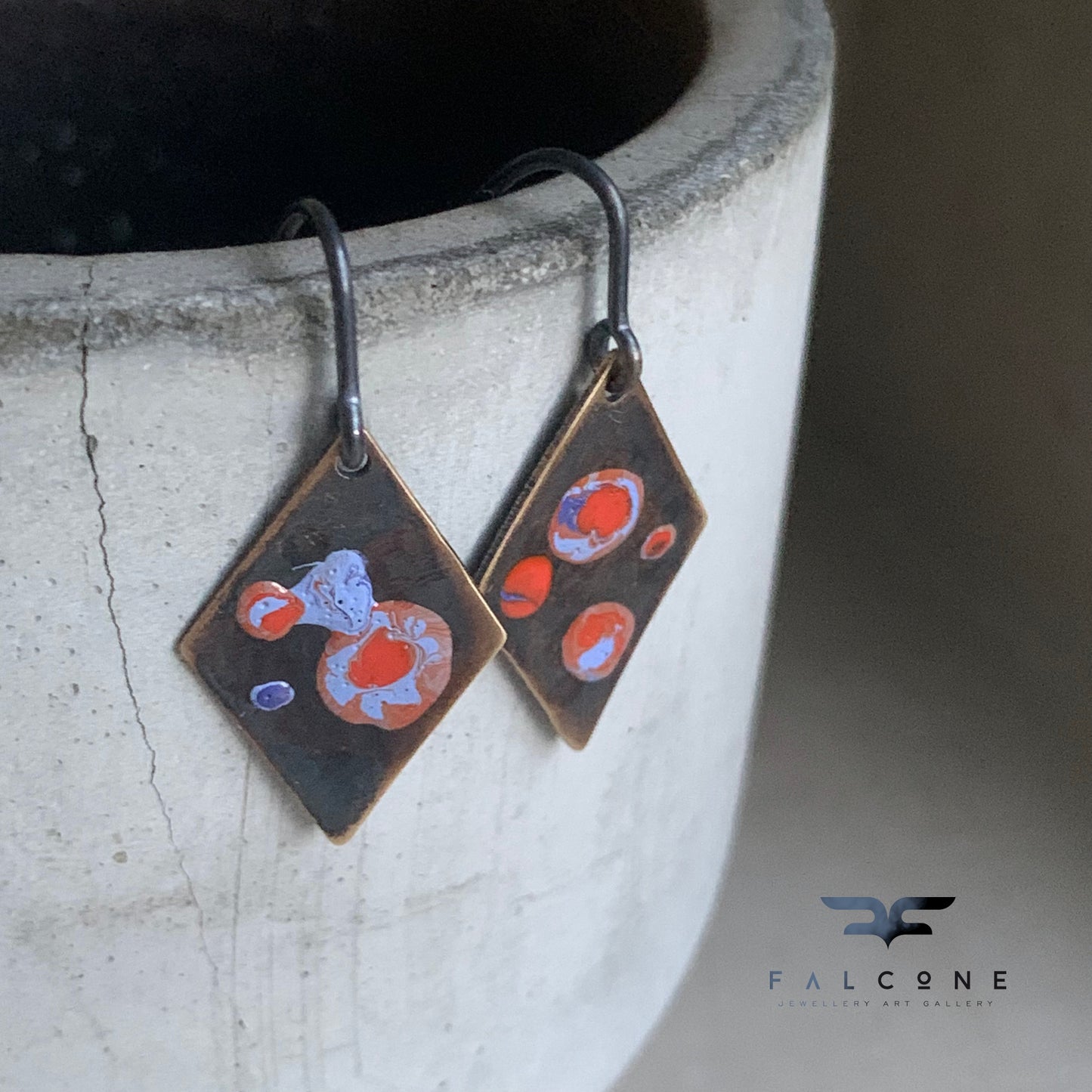 Enameled earrings in brass and silver 'Sea Creature with Coral Accent'