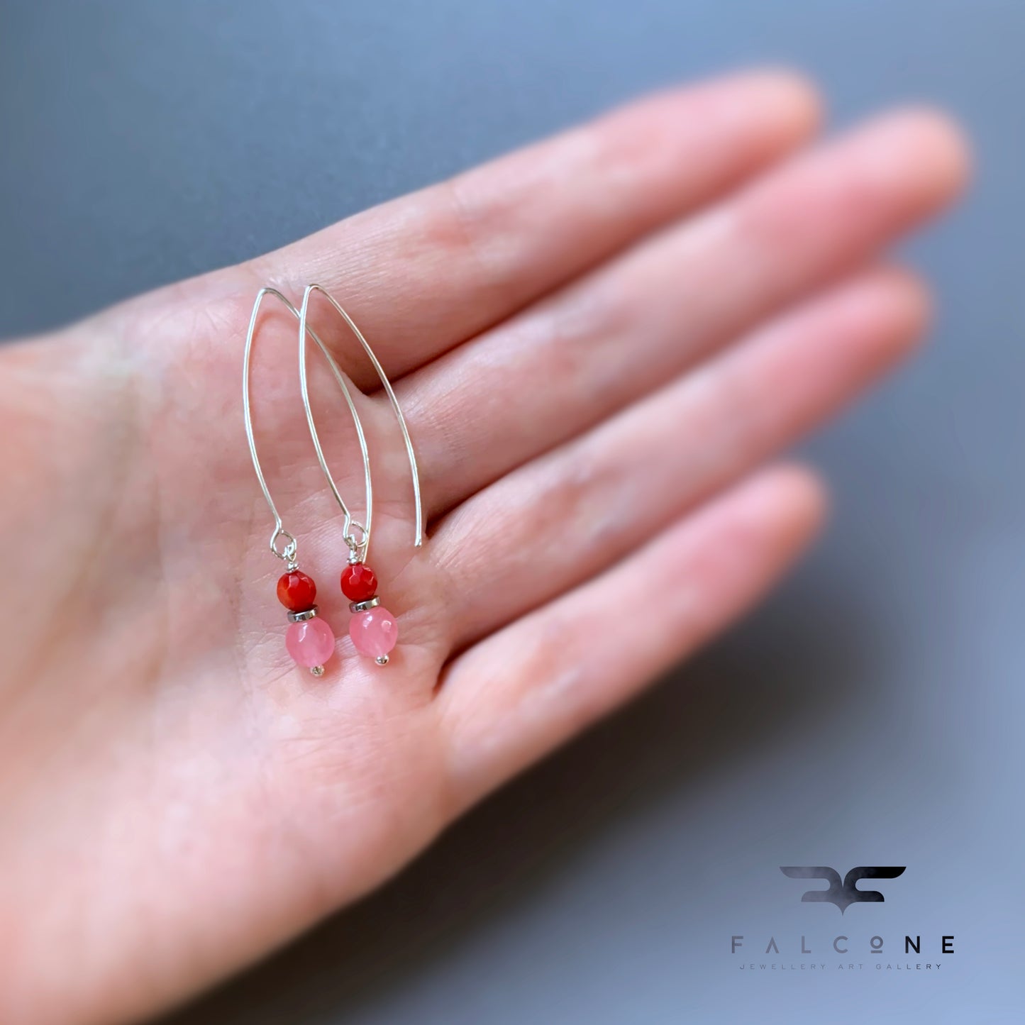 Earrings with Agate, Coral, and Silver 'Red & Pink'
