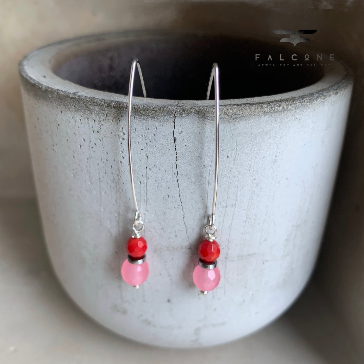 Earrings with Agate, Coral, and Silver 'Red & Pink'