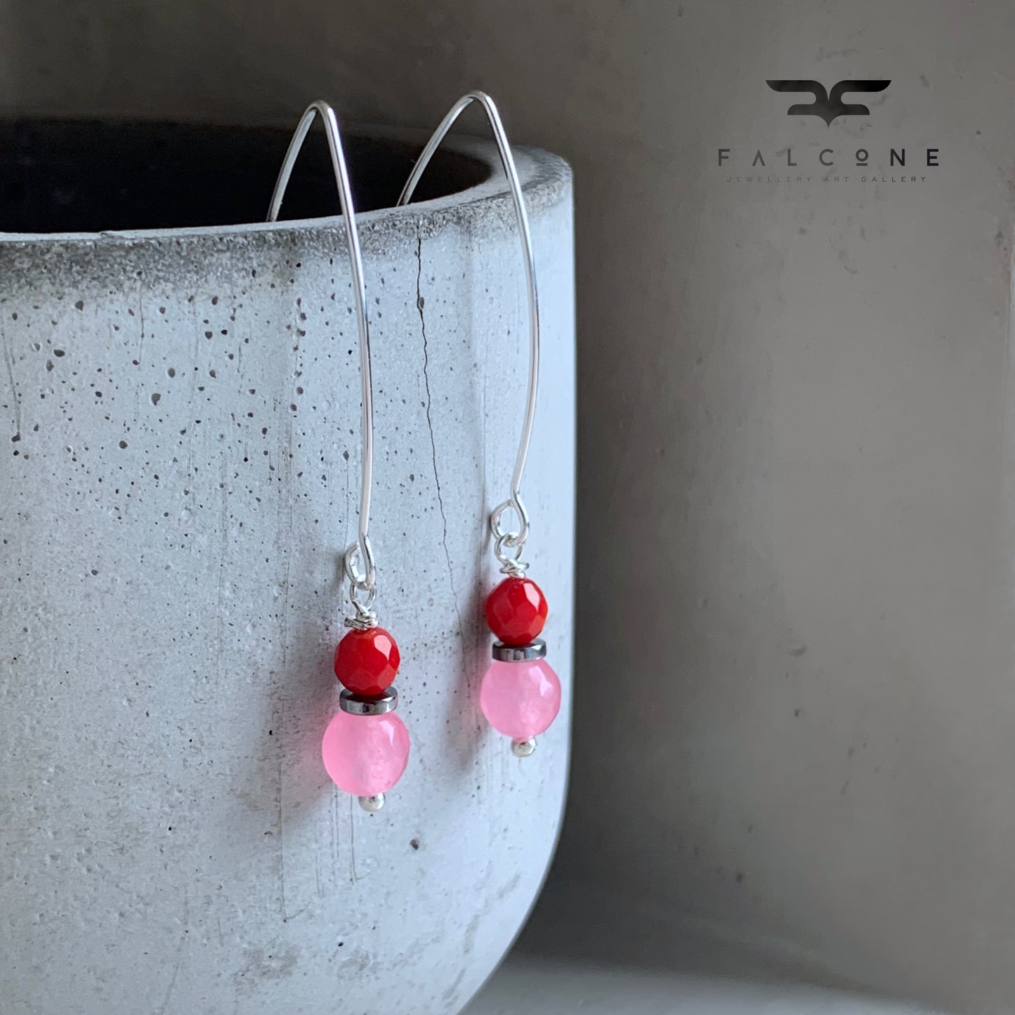 Earrings with Agate, Coral, and Silver 'Red & Pink'