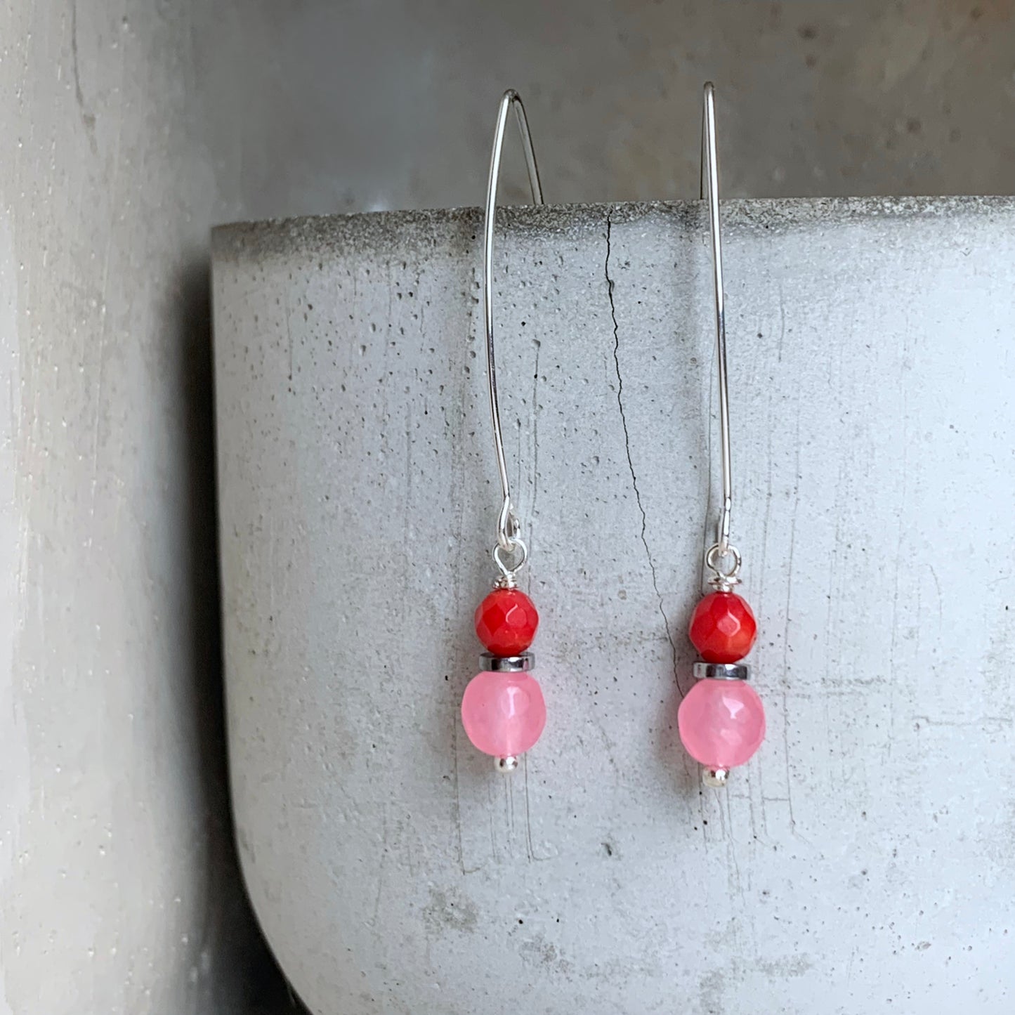 Earrings with Agate, Coral, and Silver 'Red & Pink'