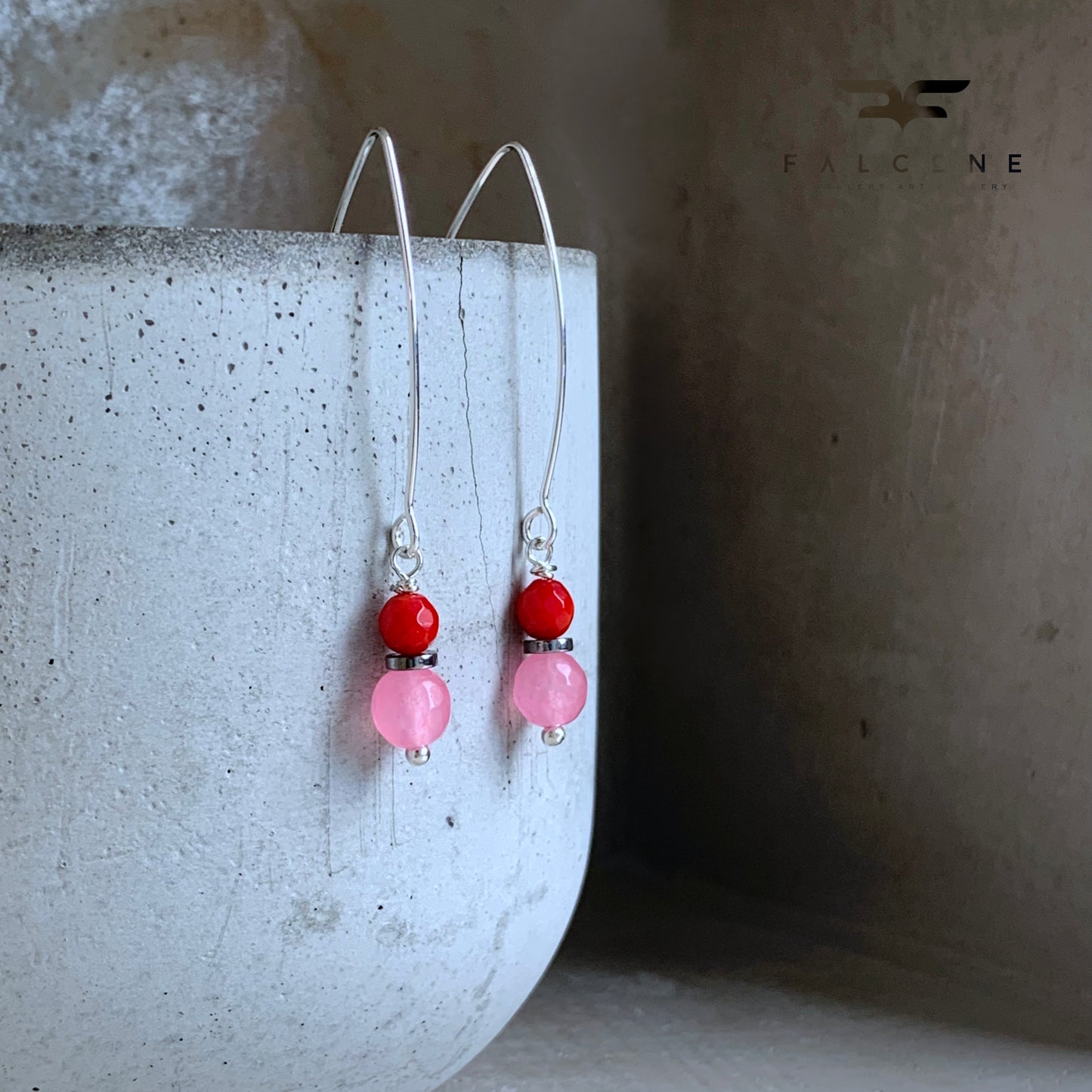 Earrings with Agate, Coral, and Silver 'Red & Pink'