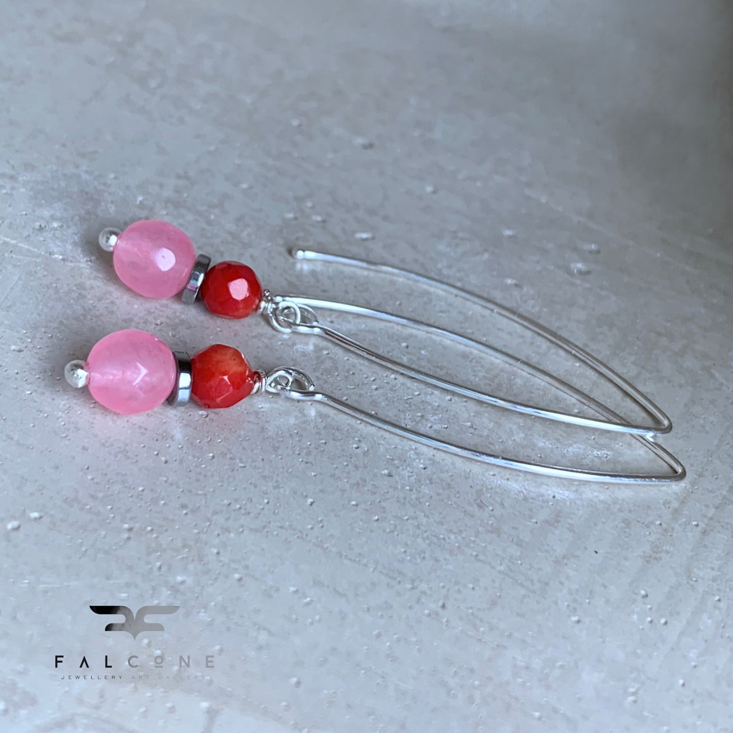 Earrings with Agate, Coral, and Silver 'Red & Pink'