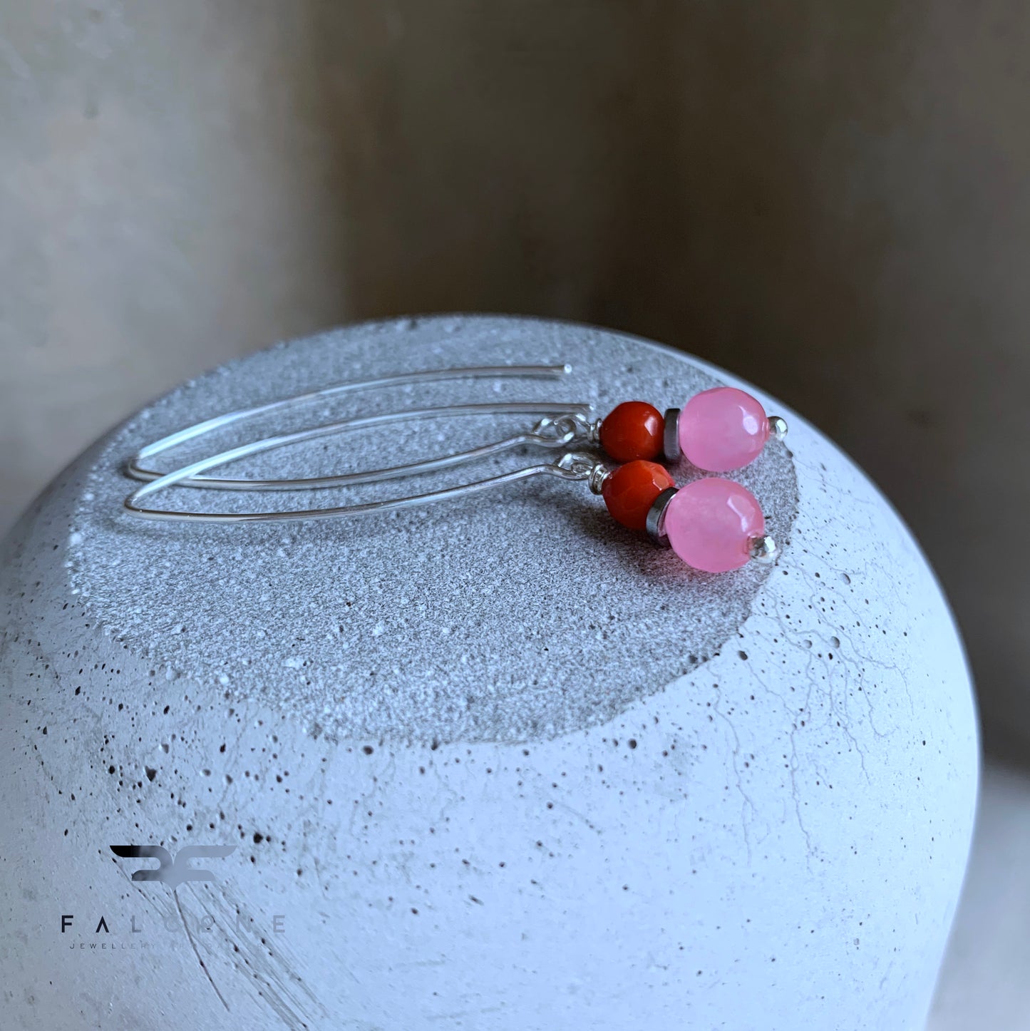 Earrings with Agate, Coral, and Silver 'Red & Pink'