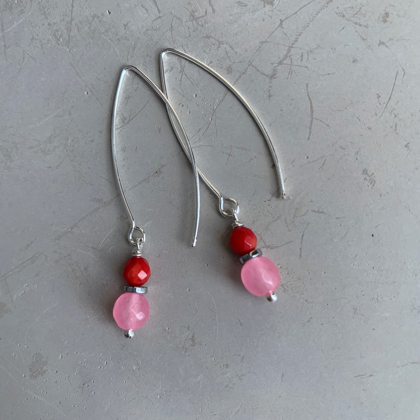 Earrings with Agate, Coral, and Silver 'Red & Pink'