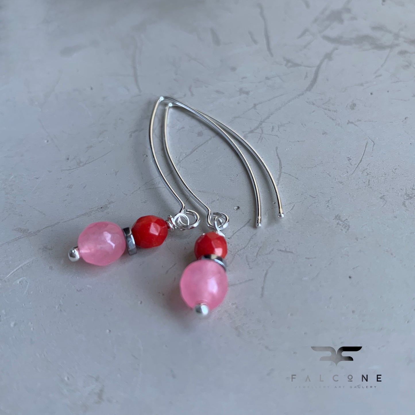Earrings with Agate, Coral, and Silver 'Red & Pink'