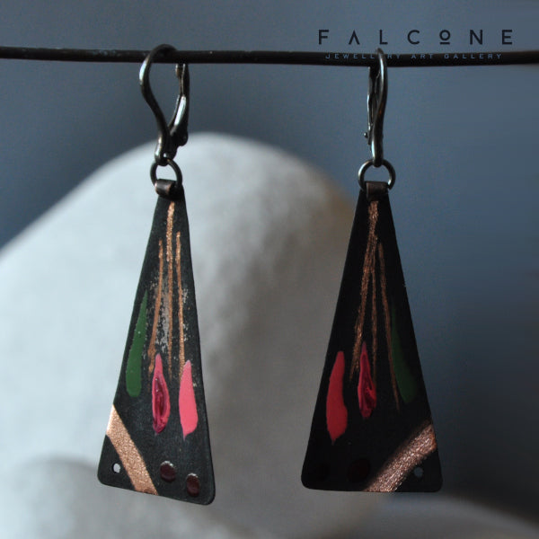 Copper earrings with engraved and enameled motif 'Fish in pink and green'