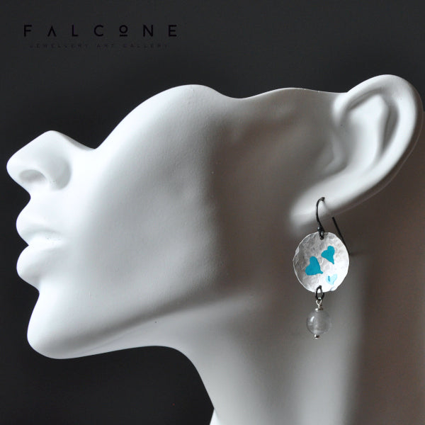 Hand forged aluminium enameled earrings in the shape of irregular circles and with hanging quartz 'Turquoise Hearts'