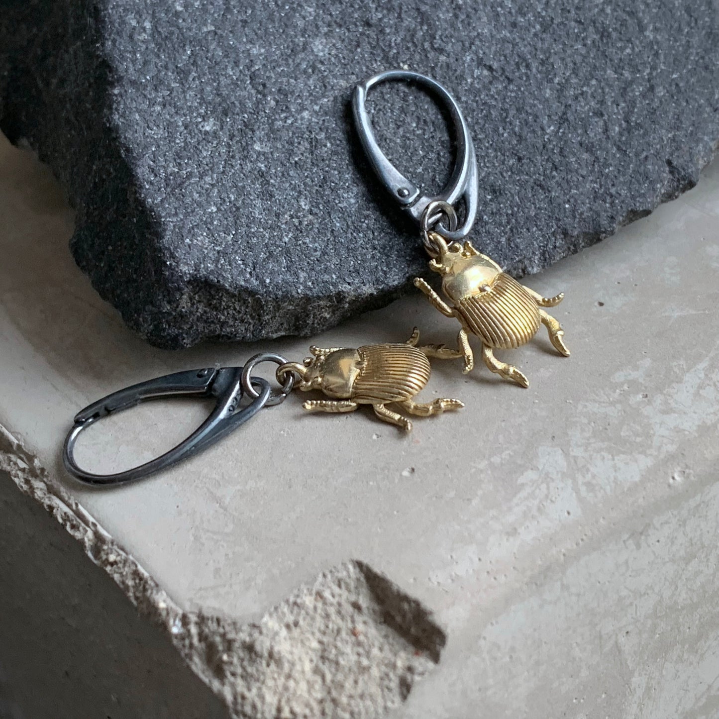 Brass and Silver Earrings 'Golden Scarab Light'