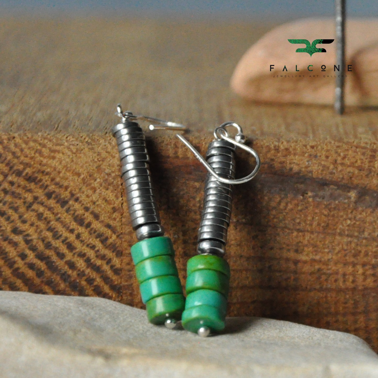 Modern silver earrings with rondelles of turquoise 'Long with Turquoise'