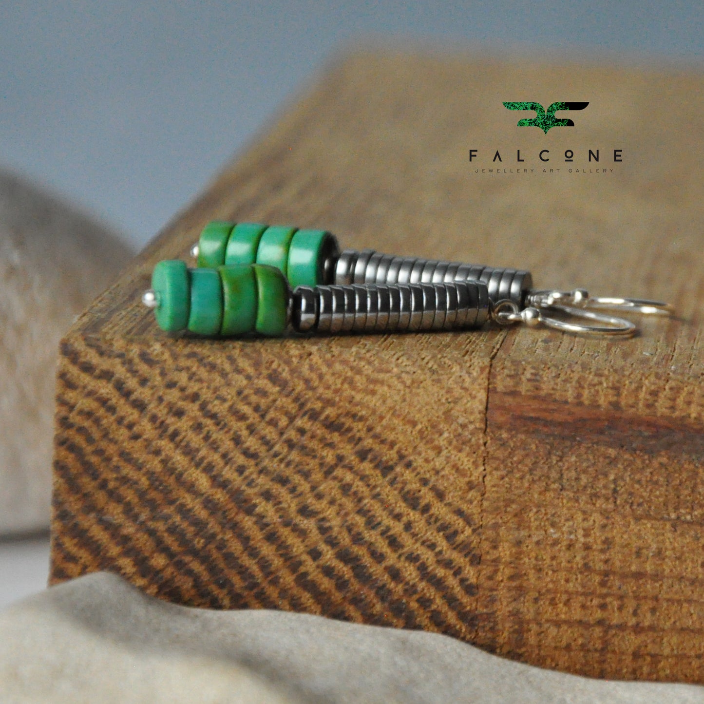 Modern silver earrings with rondelles of turquoise 'Long with Turquoise'