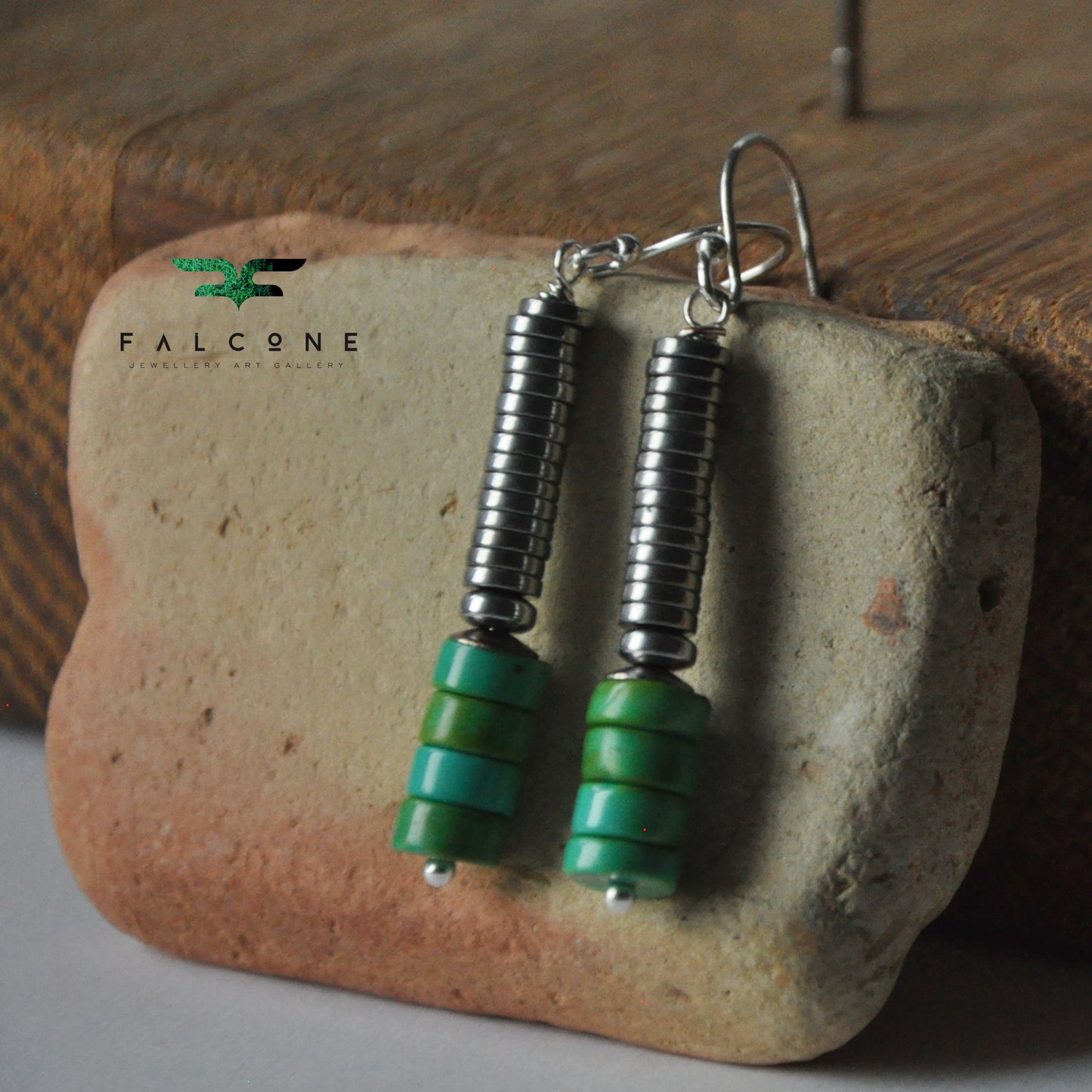 Modern silver earrings with rondelles of turquoise 'Long with Turquoise'