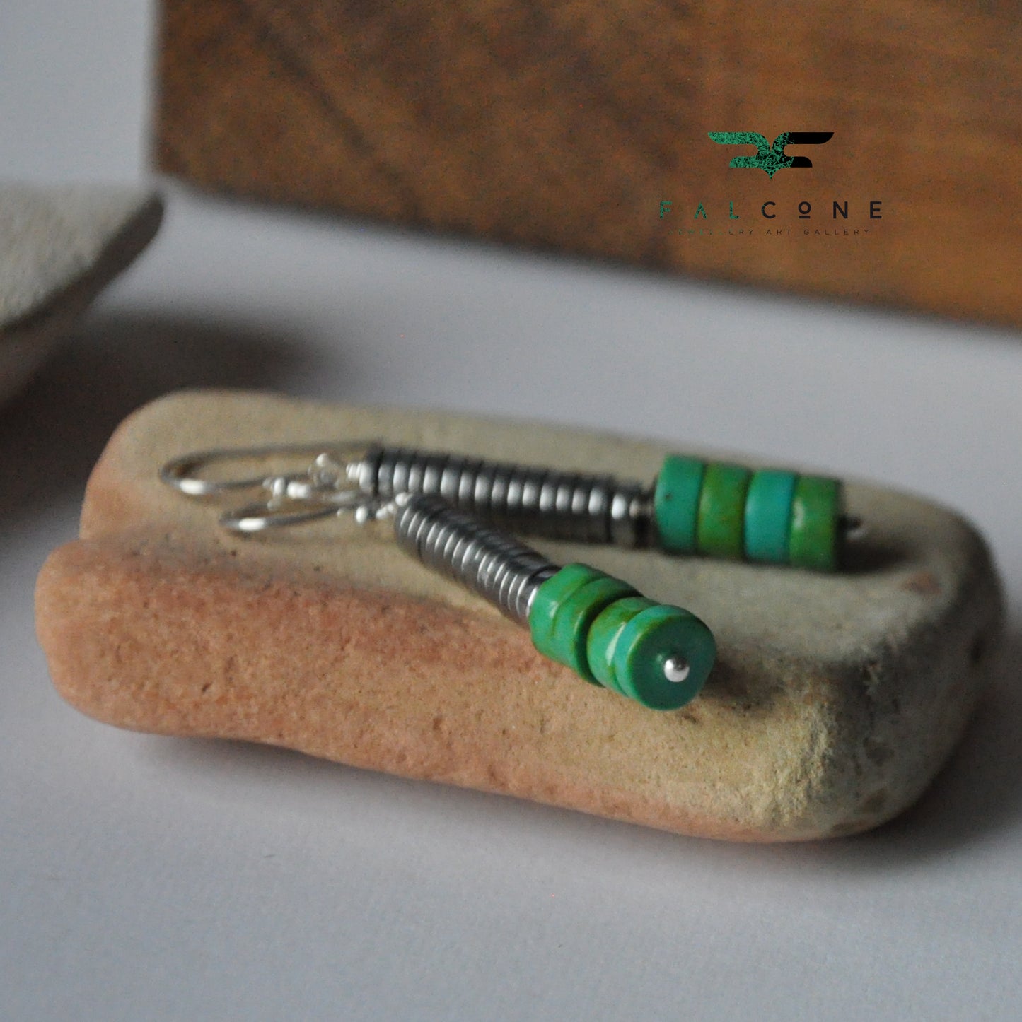 Modern silver earrings with rondelles of turquoise 'Long with Turquoise'