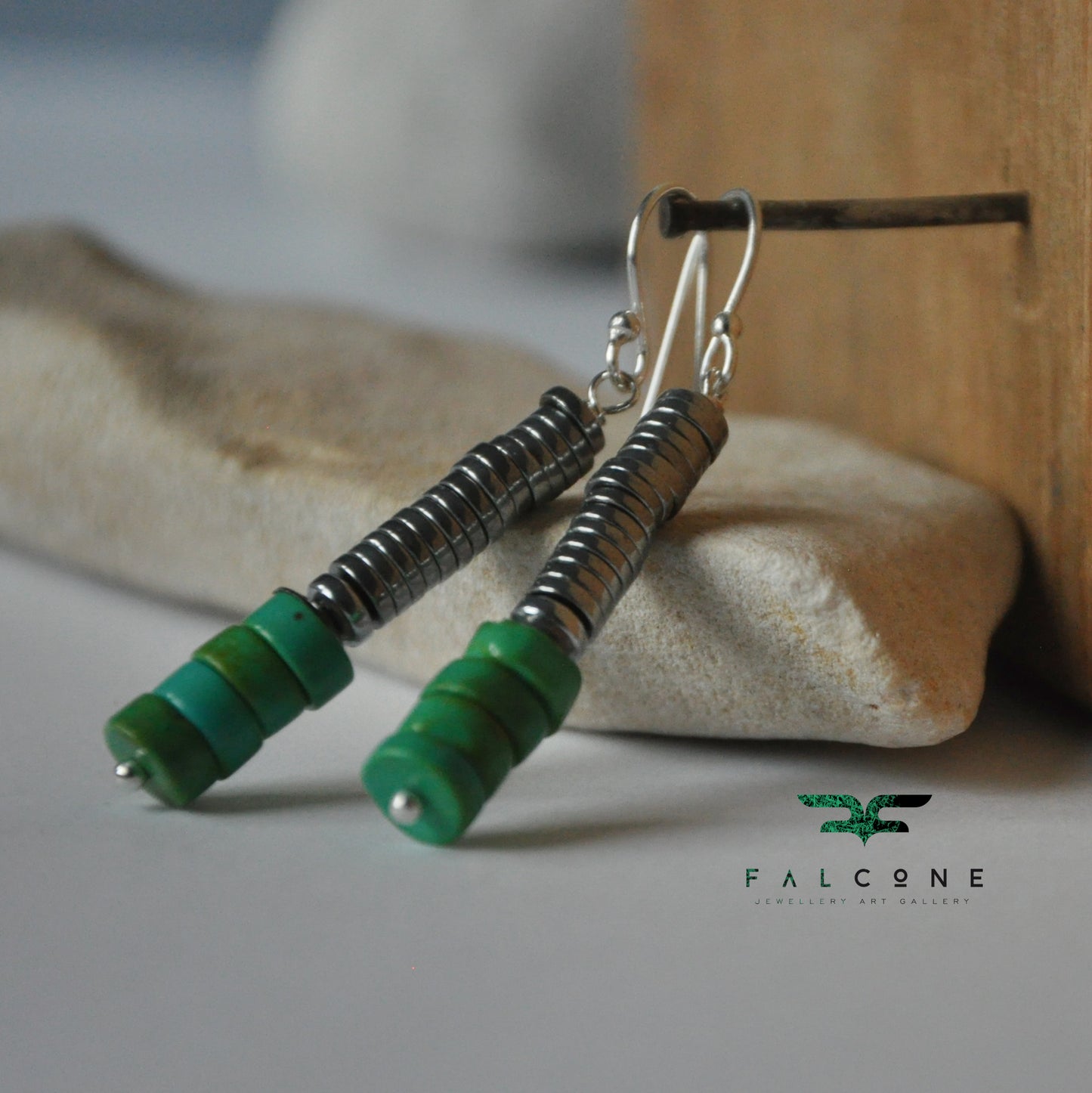 Modern silver earrings with rondelles of turquoise 'Long with Turquoise'