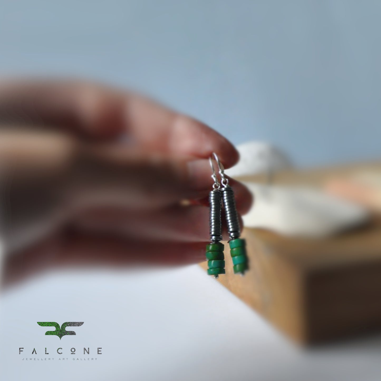 Modern silver earrings with rondelles of turquoise 'Long with Turquoise'