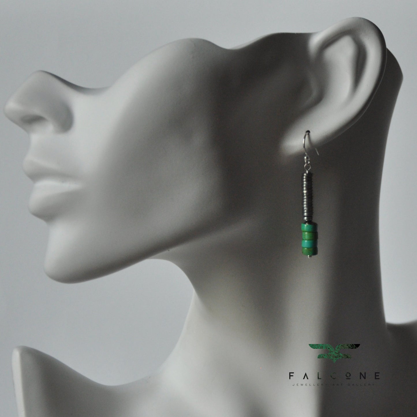 Modern silver earrings with rondelles of turquoise 'Long with Turquoise'