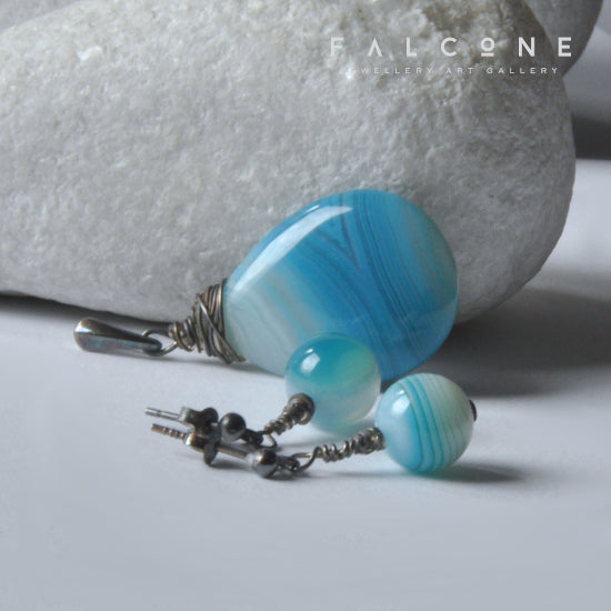 Jewellery set of agate pendant & silver stud earrings with agate stones 'Laguna'