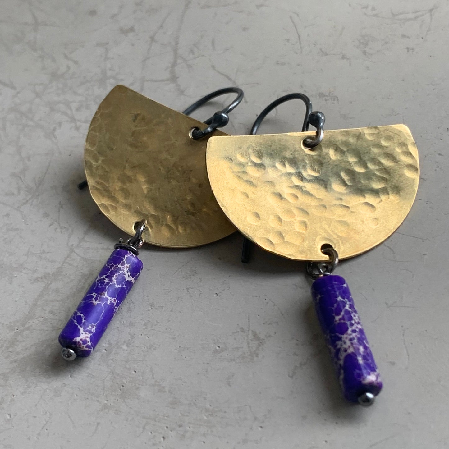 Brass, Jasper and Silver Earrings 'Moon in Purple'