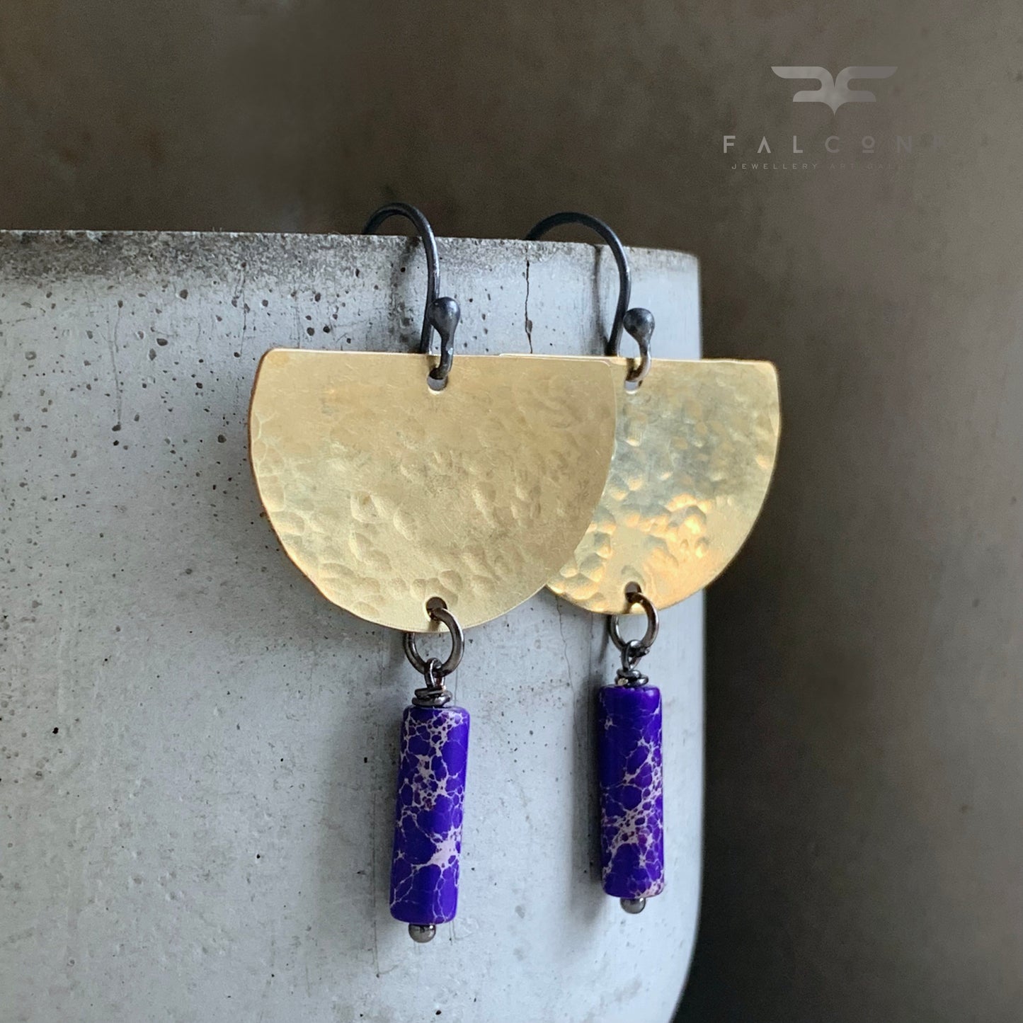 Brass, Jasper and Silver Earrings 'Moon in Purple'