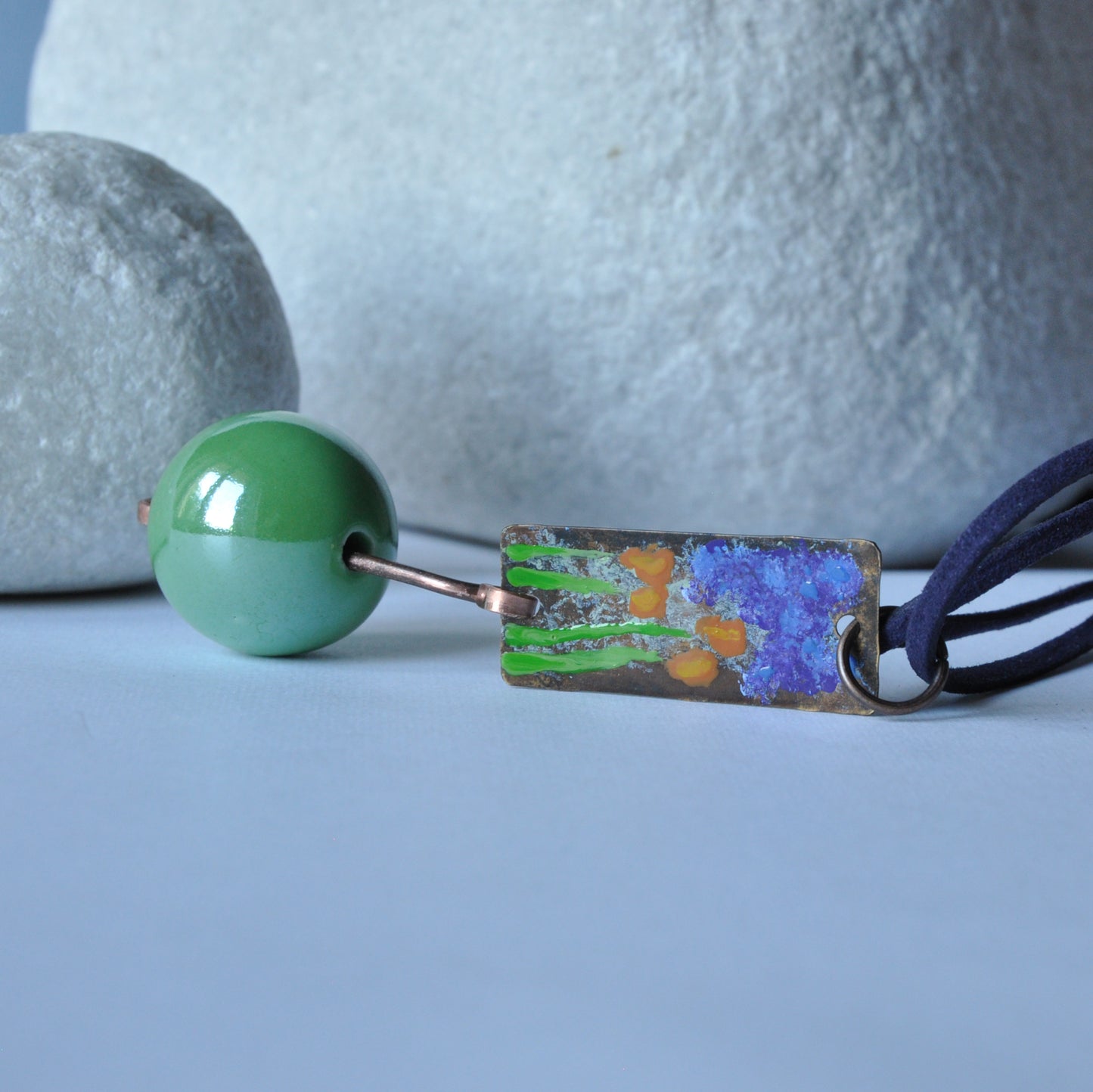 Long necklace with enamel copper and brass pendant and ceramic ball 'Green Bridge in Giverny'