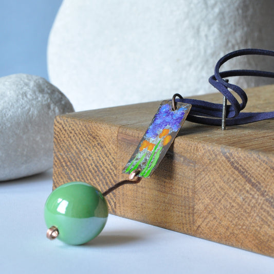 Long necklace with enamel copper and brass pendant and ceramic ball 'Green Bridge in Giverny'