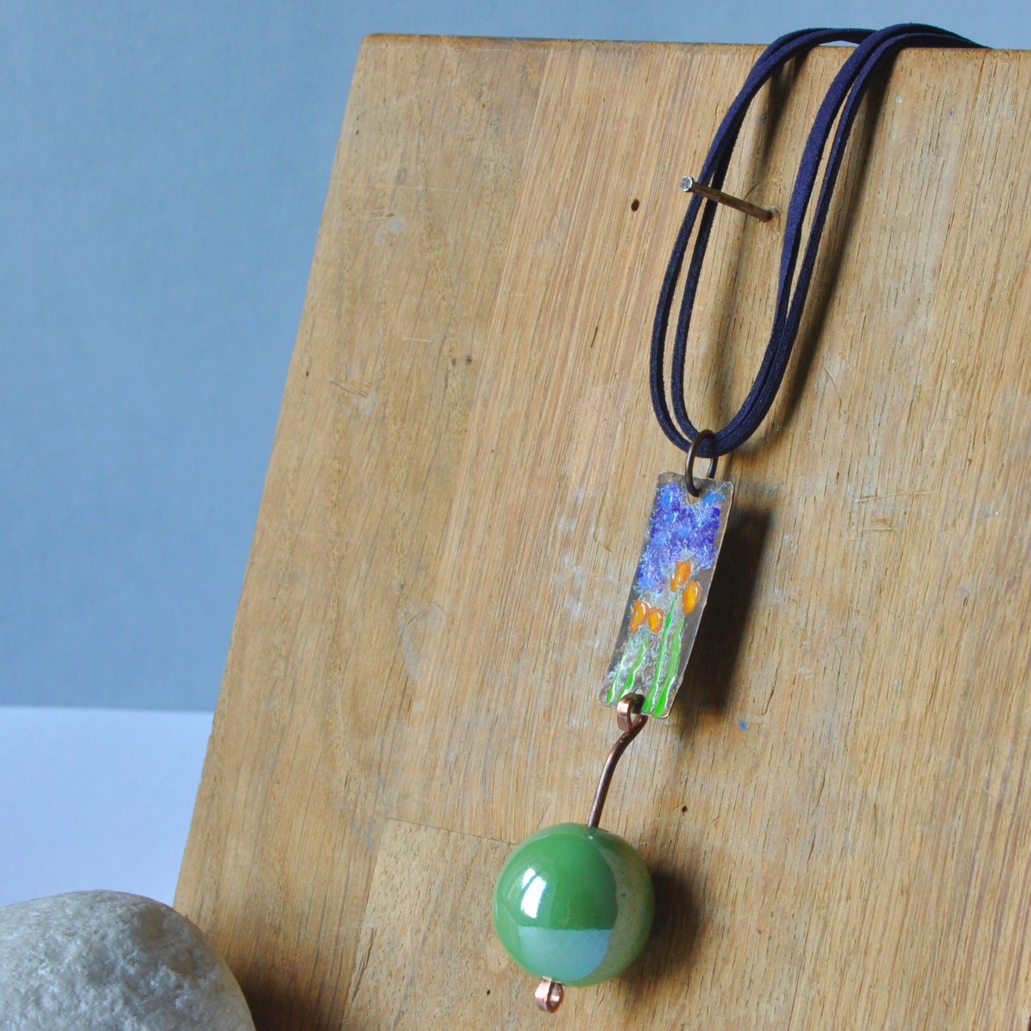 Long necklace with enamel copper and brass pendant and ceramic ball 'Green Bridge in Giverny'