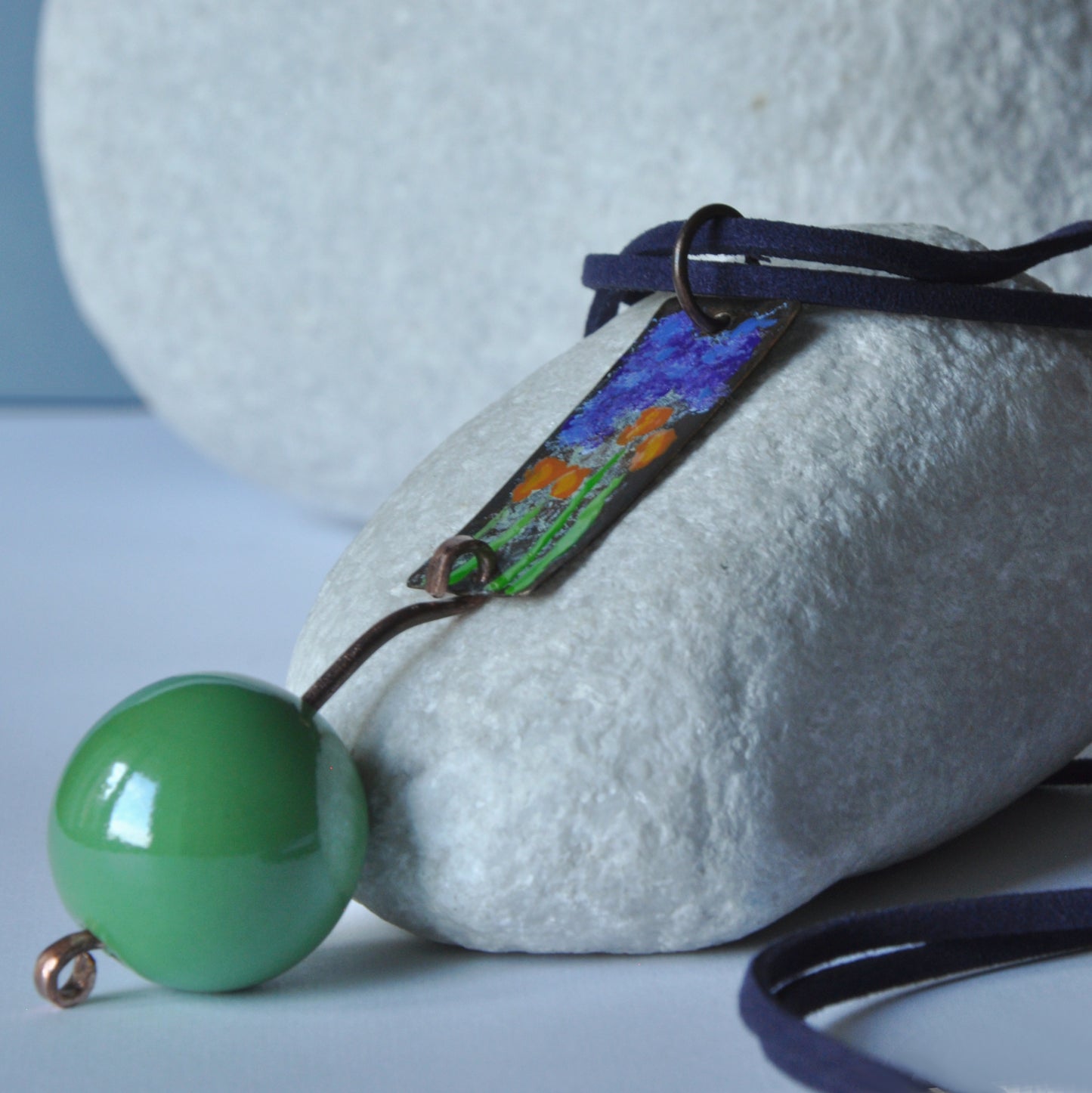 Long necklace with enamel copper and brass pendant and ceramic ball 'Green Bridge in Giverny'