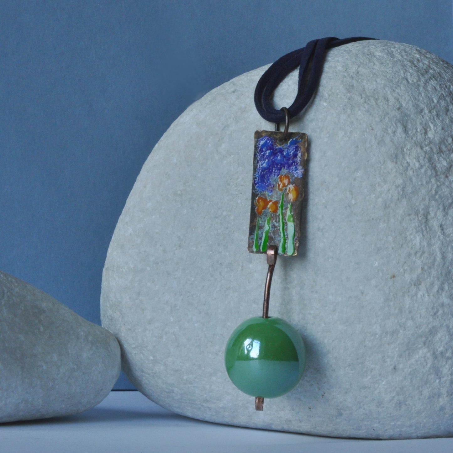 Long necklace with enamel copper and brass pendant and ceramic ball 'Green Bridge in Giverny'