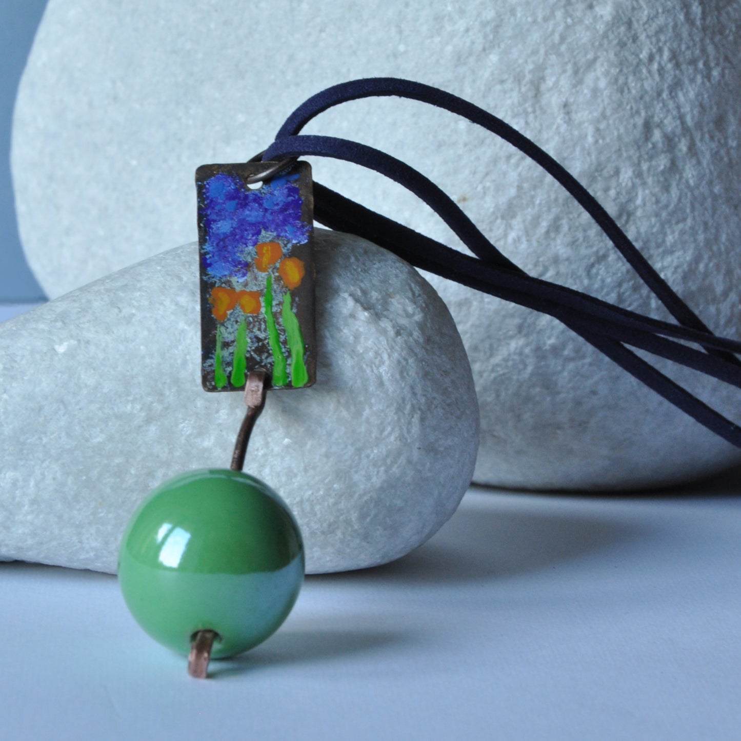 Long necklace with enamel copper and brass pendant and ceramic ball 'Green Bridge in Giverny'