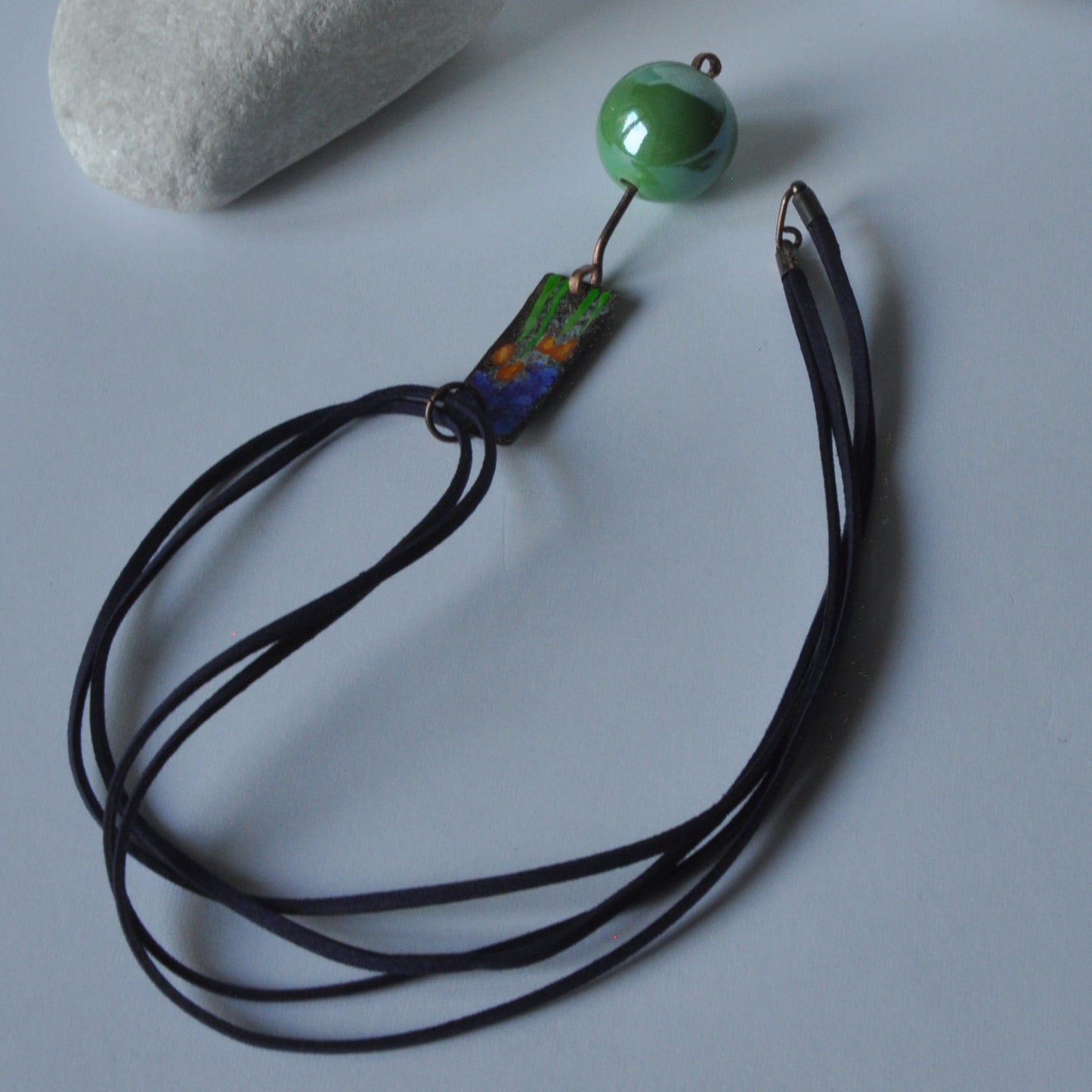 Long necklace with enamel copper and brass pendant and ceramic ball 'Green Bridge in Giverny'