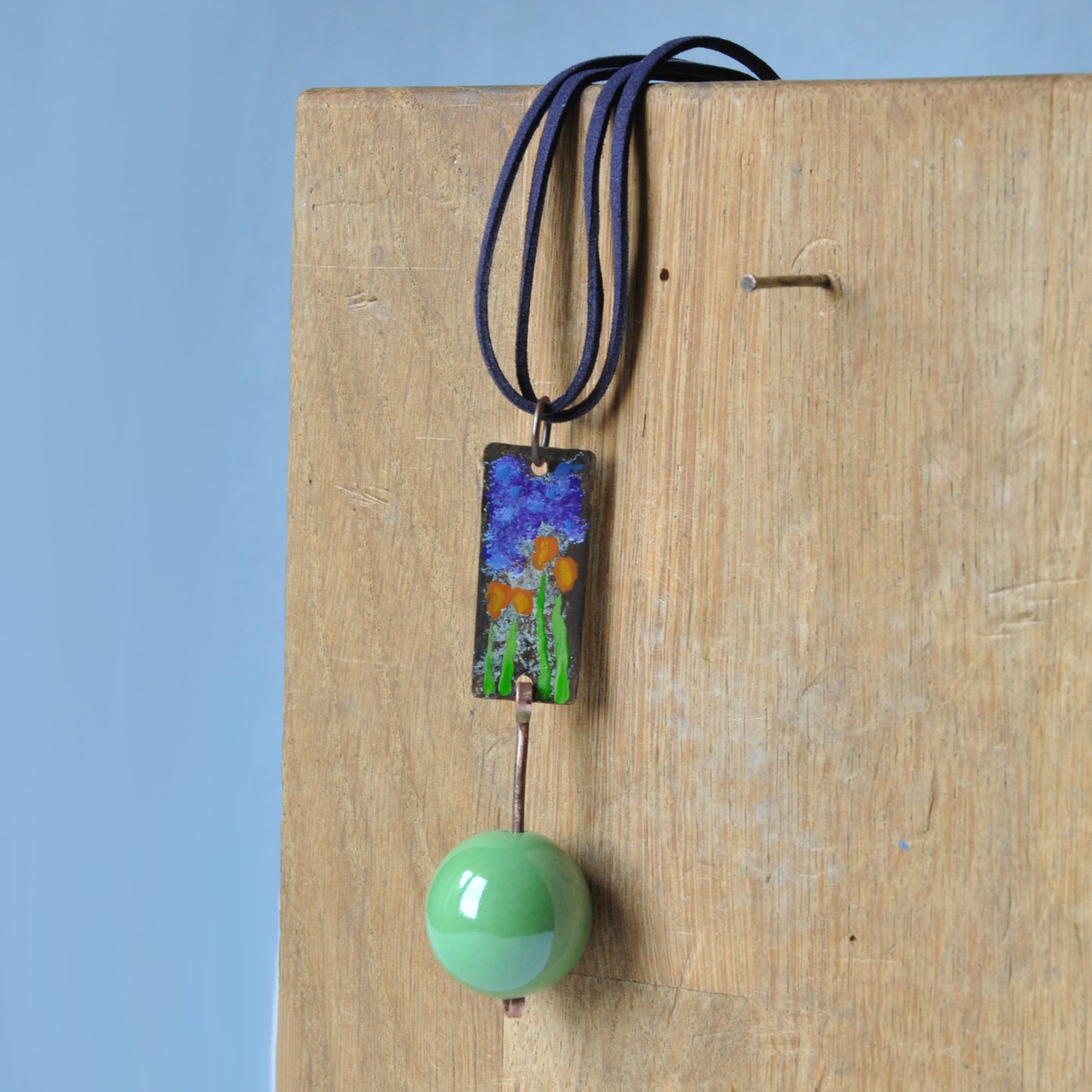 Long necklace with enamel copper and brass pendant and ceramic ball 'Green Bridge in Giverny'
