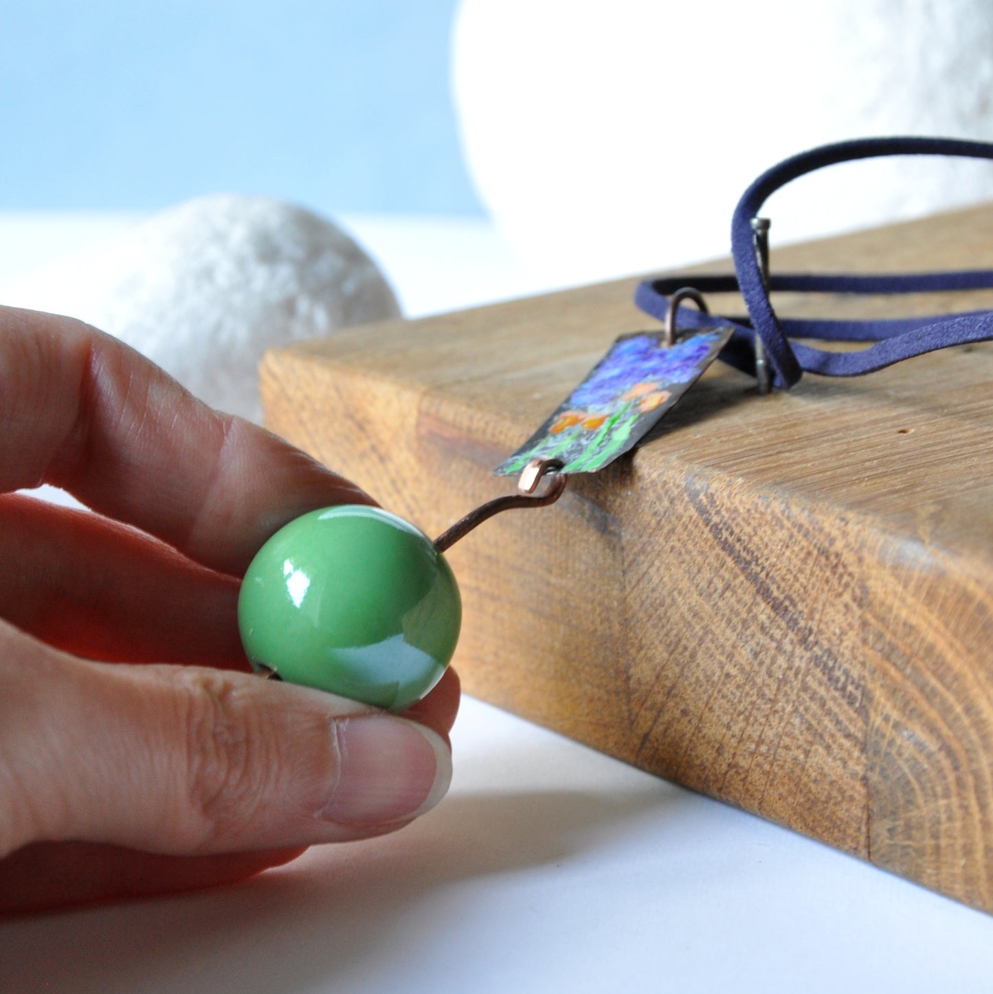 Long necklace with enamel copper and brass pendant and ceramic ball 'Green Bridge in Giverny'