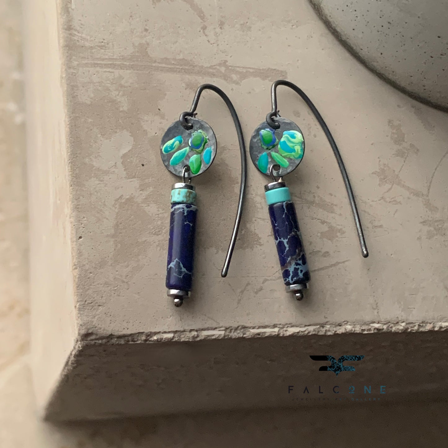 Silver mini earrings with imperial jasper, howlite & enameled flowers 'Field Flowers Blue with Navy Blue Jasper'