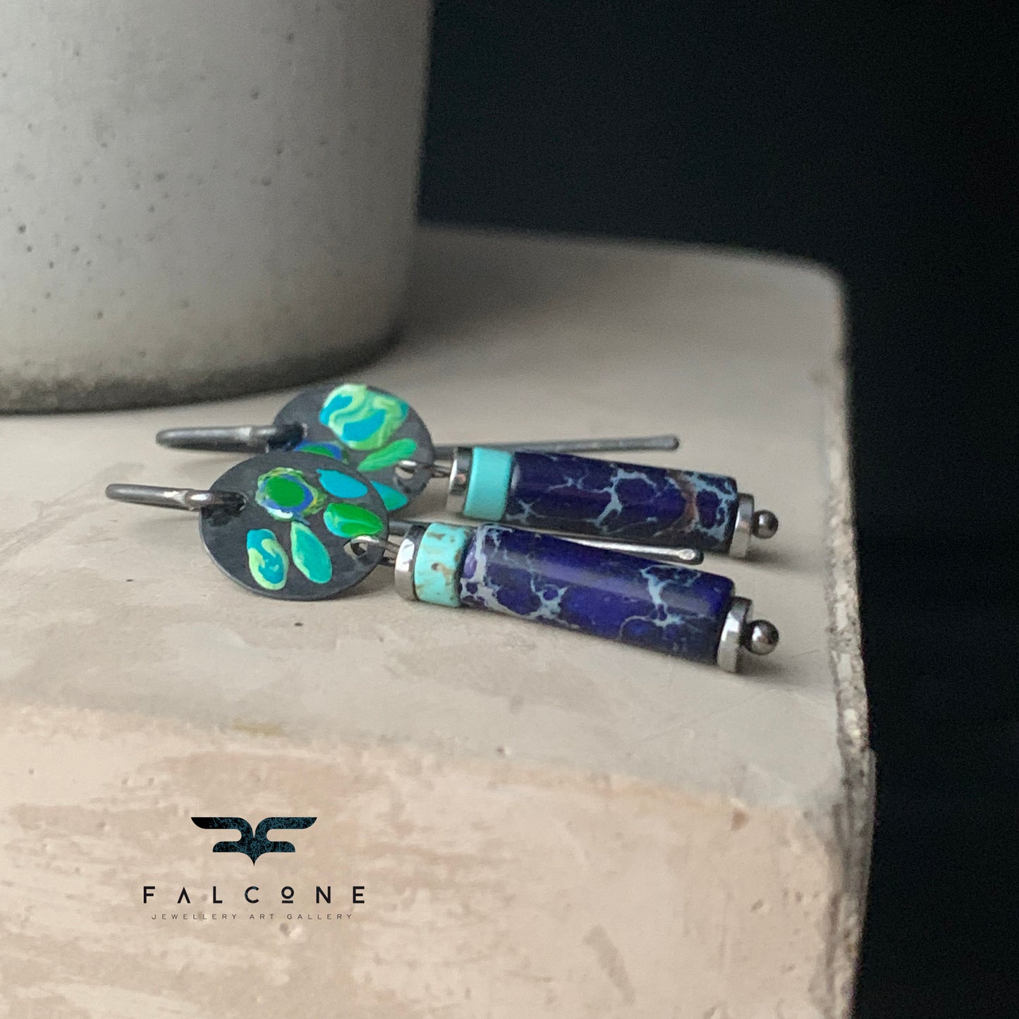 Silver mini earrings with imperial jasper, howlite & enameled flowers 'Field Flowers Blue with Navy Blue Jasper'