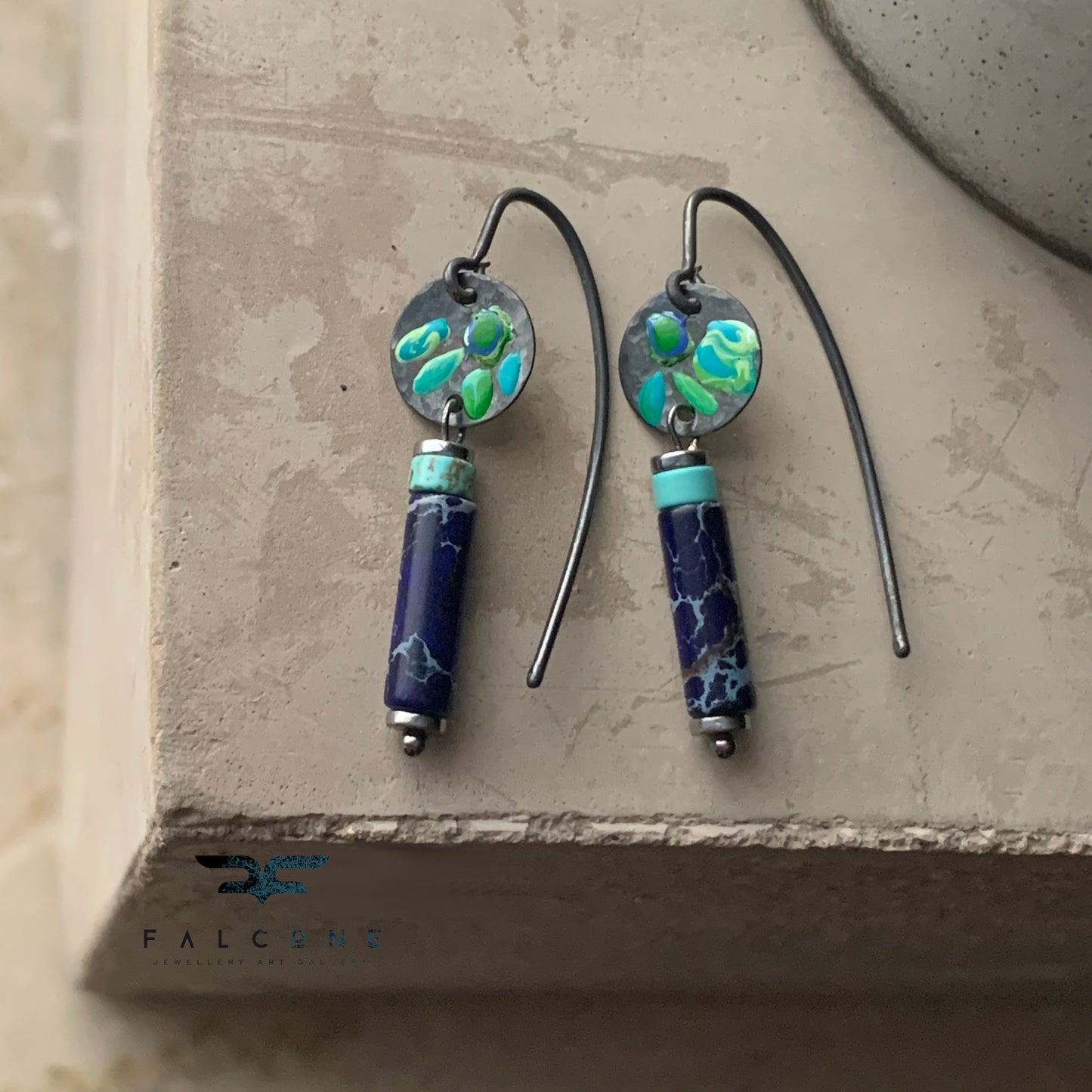 Silver mini earrings with imperial jasper, howlite & enameled flowers 'Field Flowers Blue with Navy Blue Jasper'