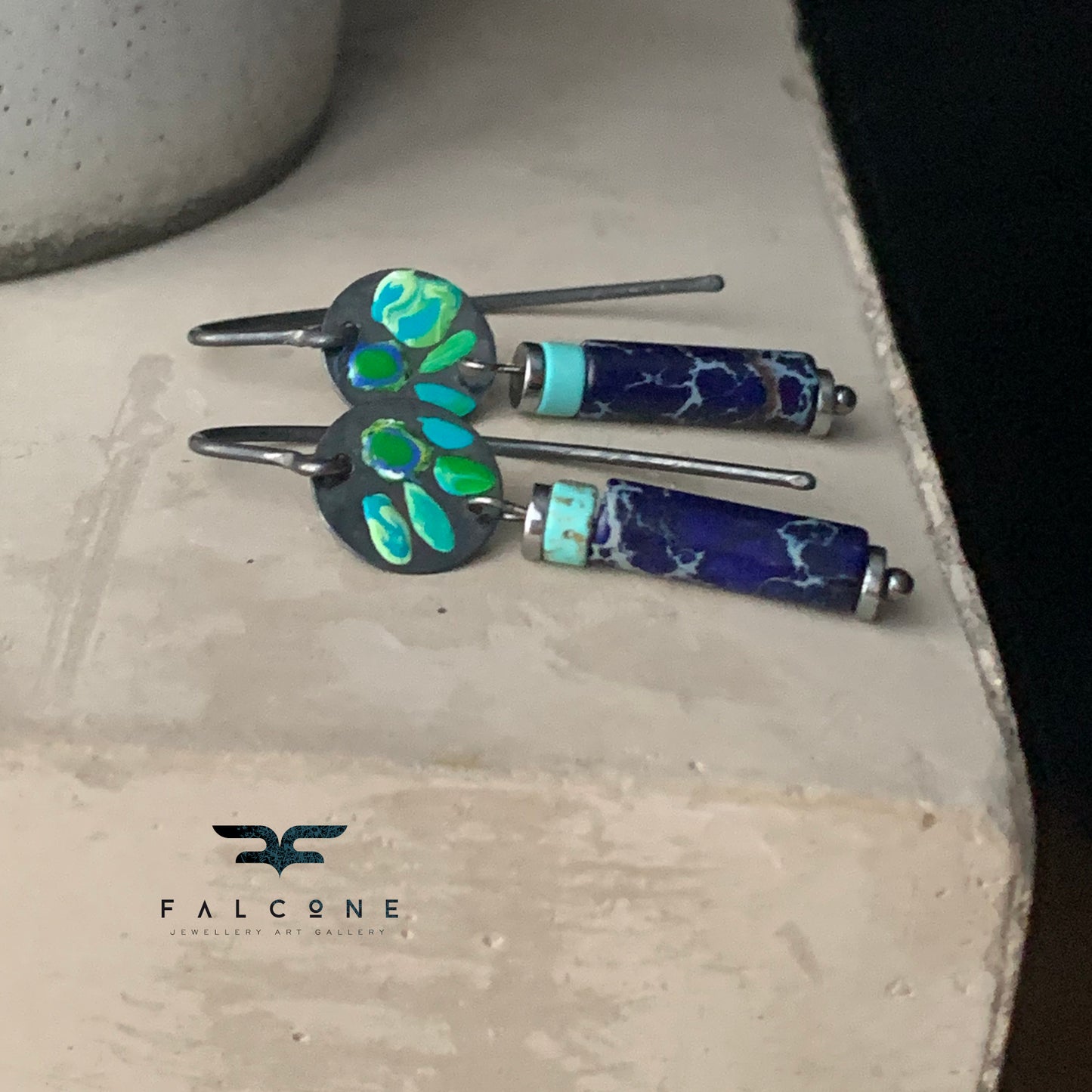 Silver mini earrings with imperial jasper, howlite & enameled flowers 'Field Flowers Blue with Navy Blue Jasper'