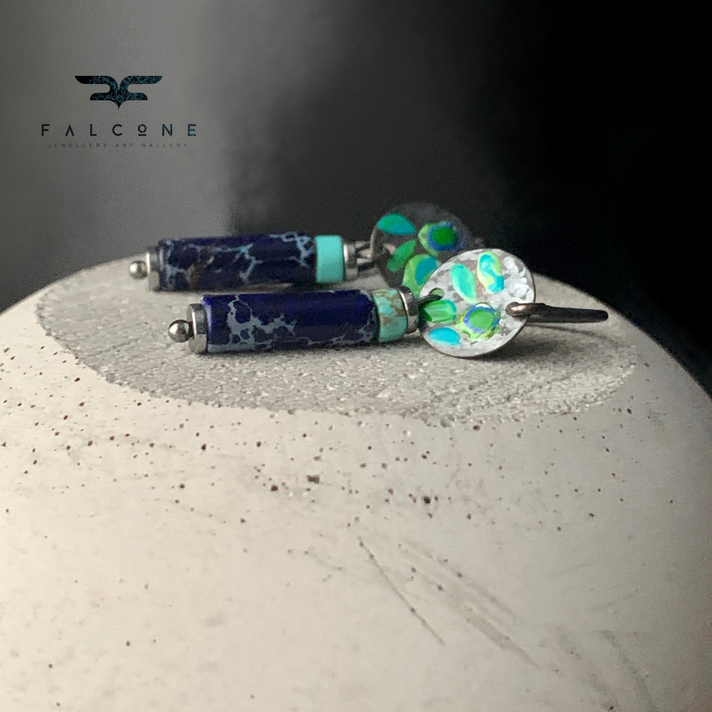 Silver mini earrings with imperial jasper, howlite & enameled flowers 'Field Flowers Blue with Navy Blue Jasper'