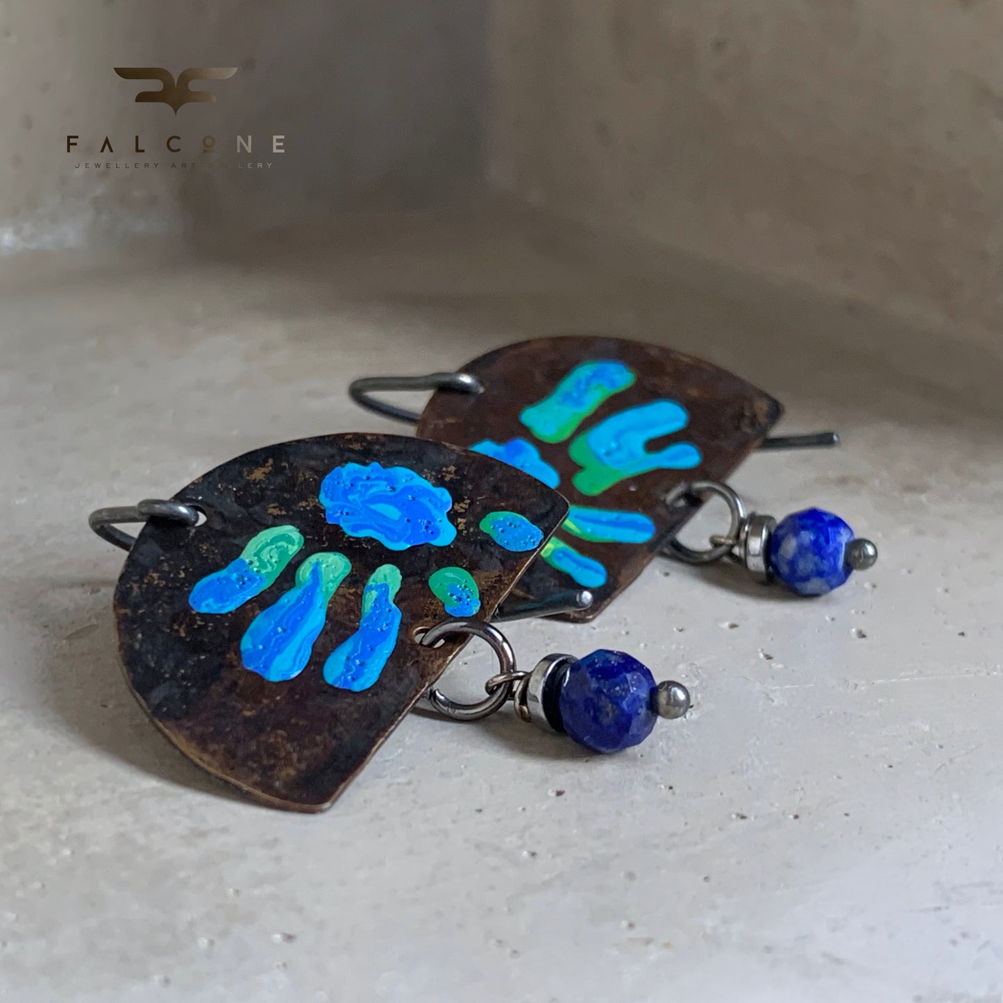 Brass and Mineral Earrings 'Exotic Flowers & Lapis Lazuli'