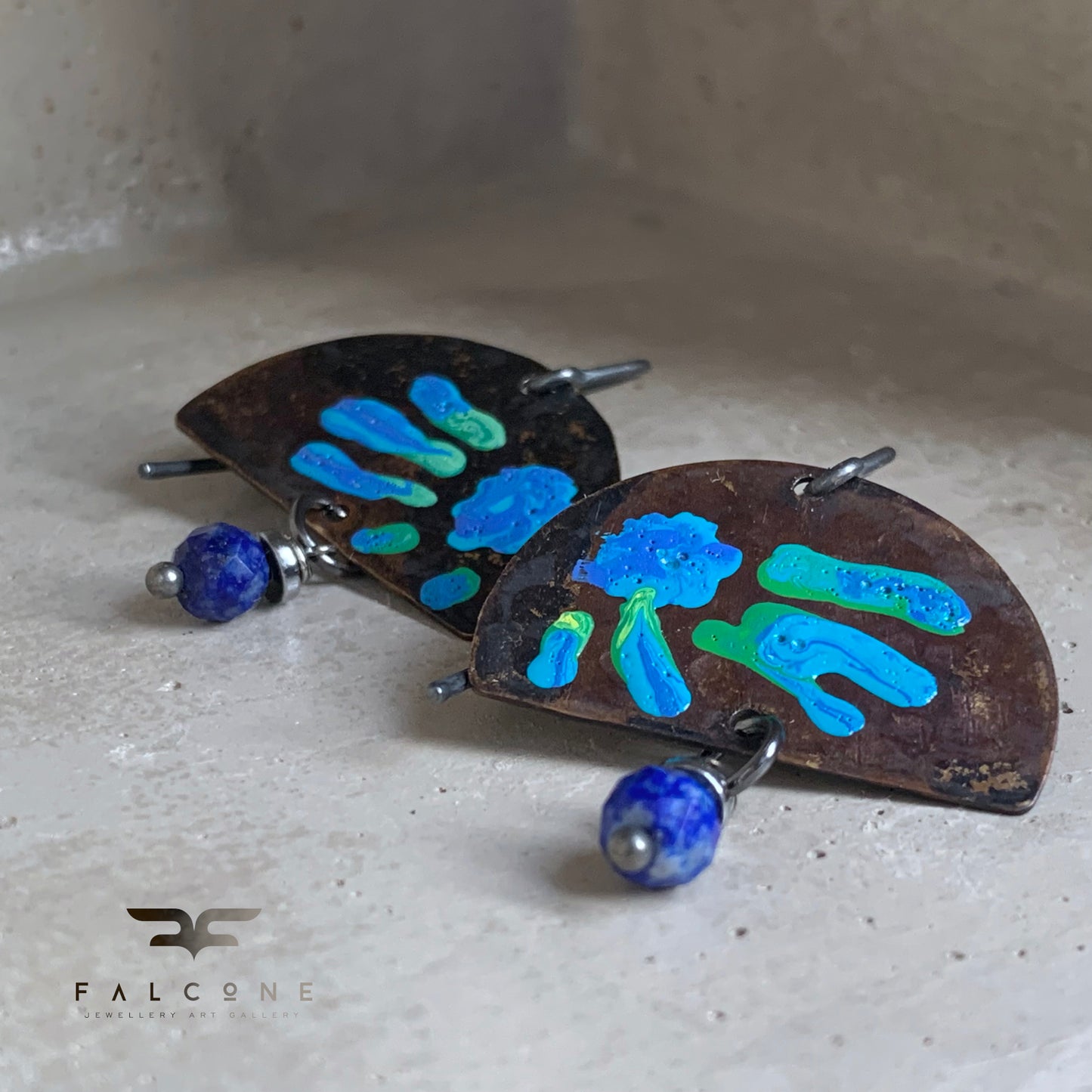 Brass and Mineral Earrings 'Exotic Flowers & Lapis Lazuli'